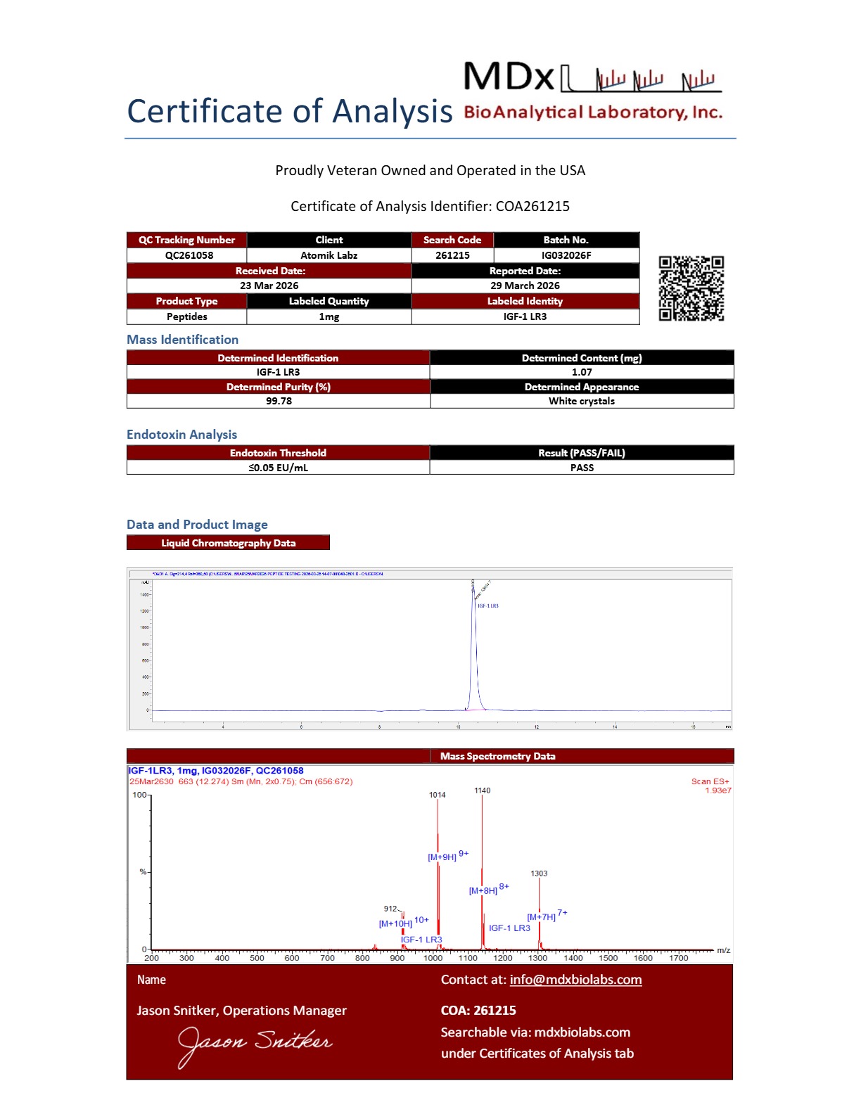 Certificate of Analysis for IGF-1 LR3 from Atomik Labz