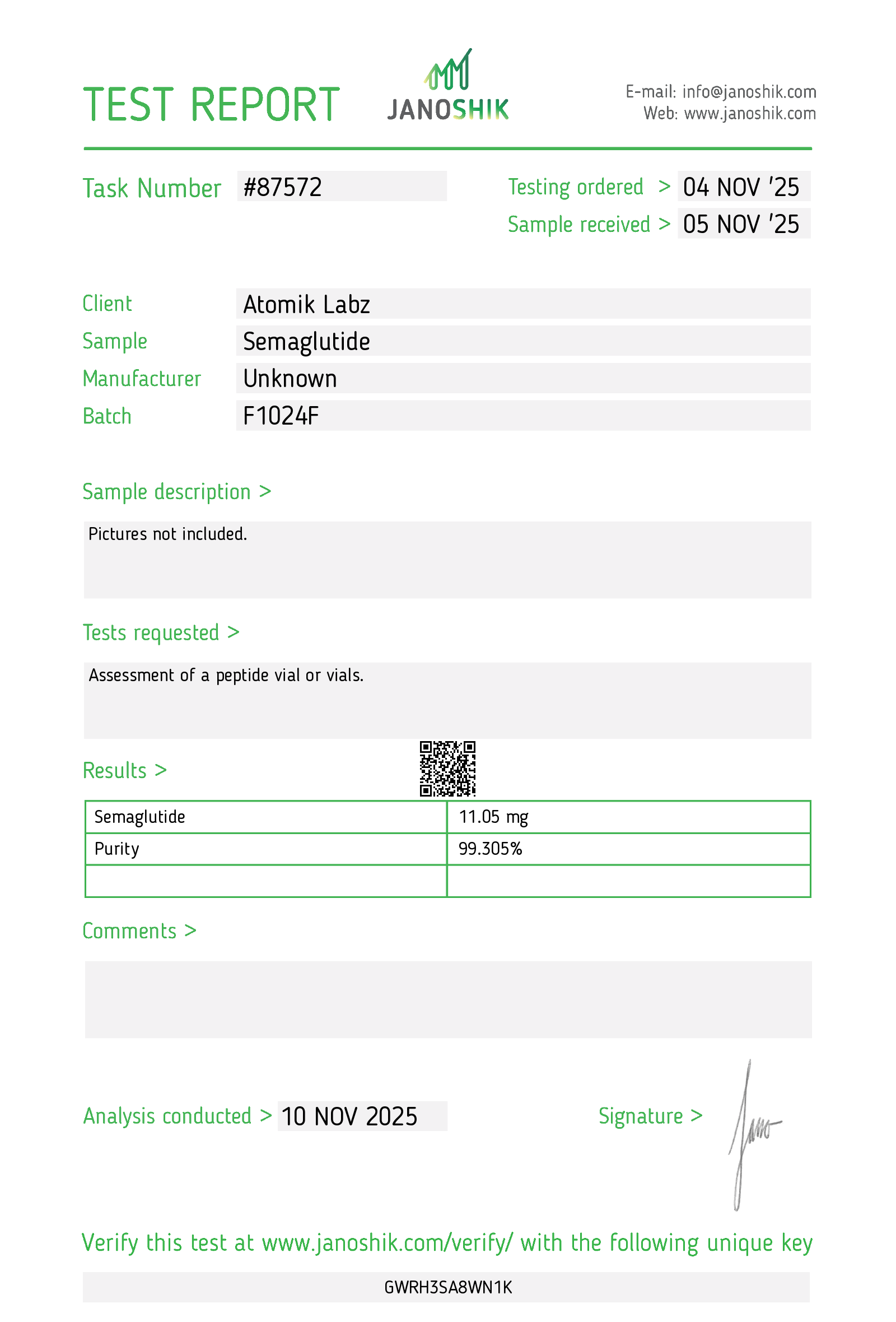 Certificate of Analysis for Semaglutide from Atomik Labz