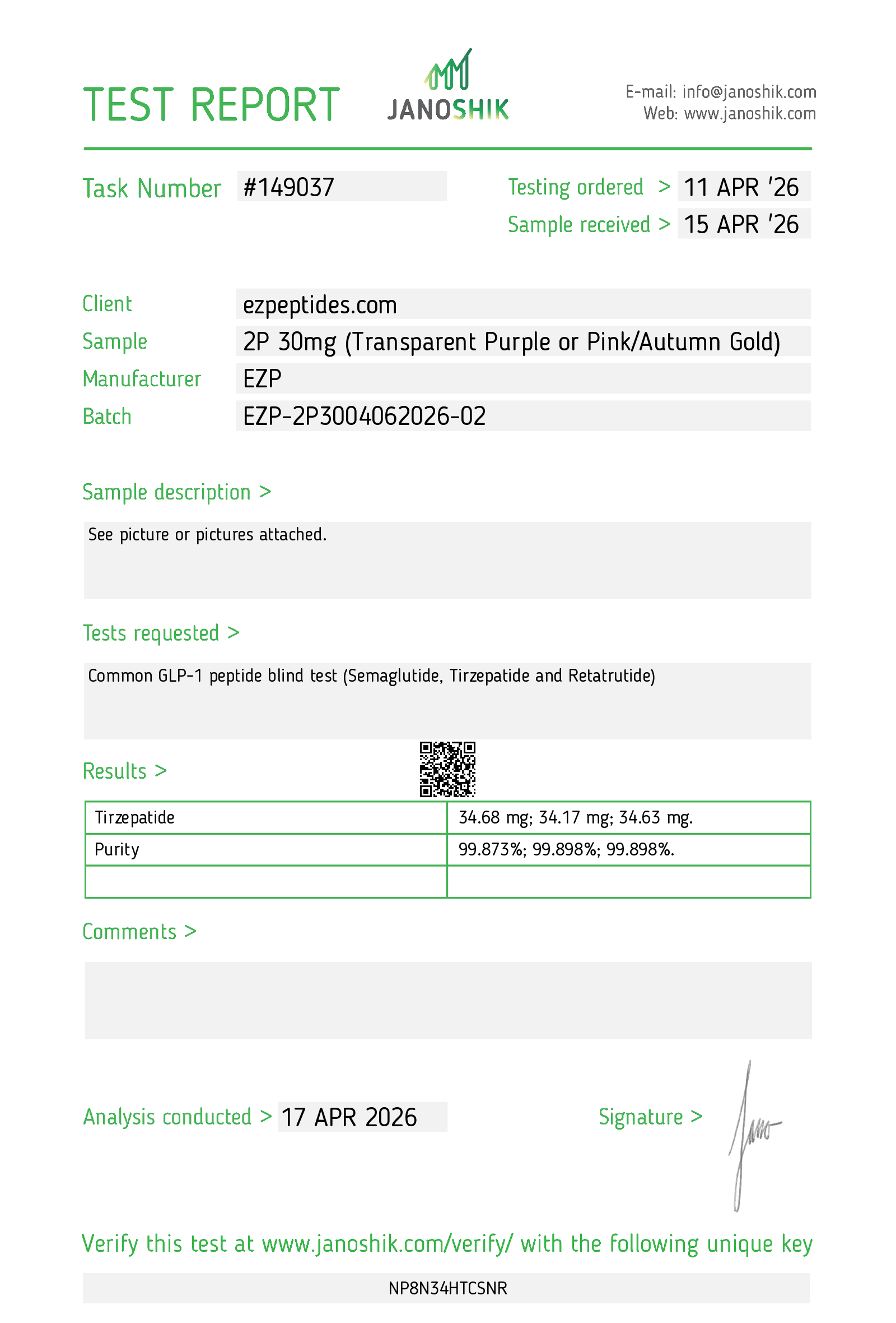 Certificate of Analysis for EZP-2P 30mg from EZ Peptides