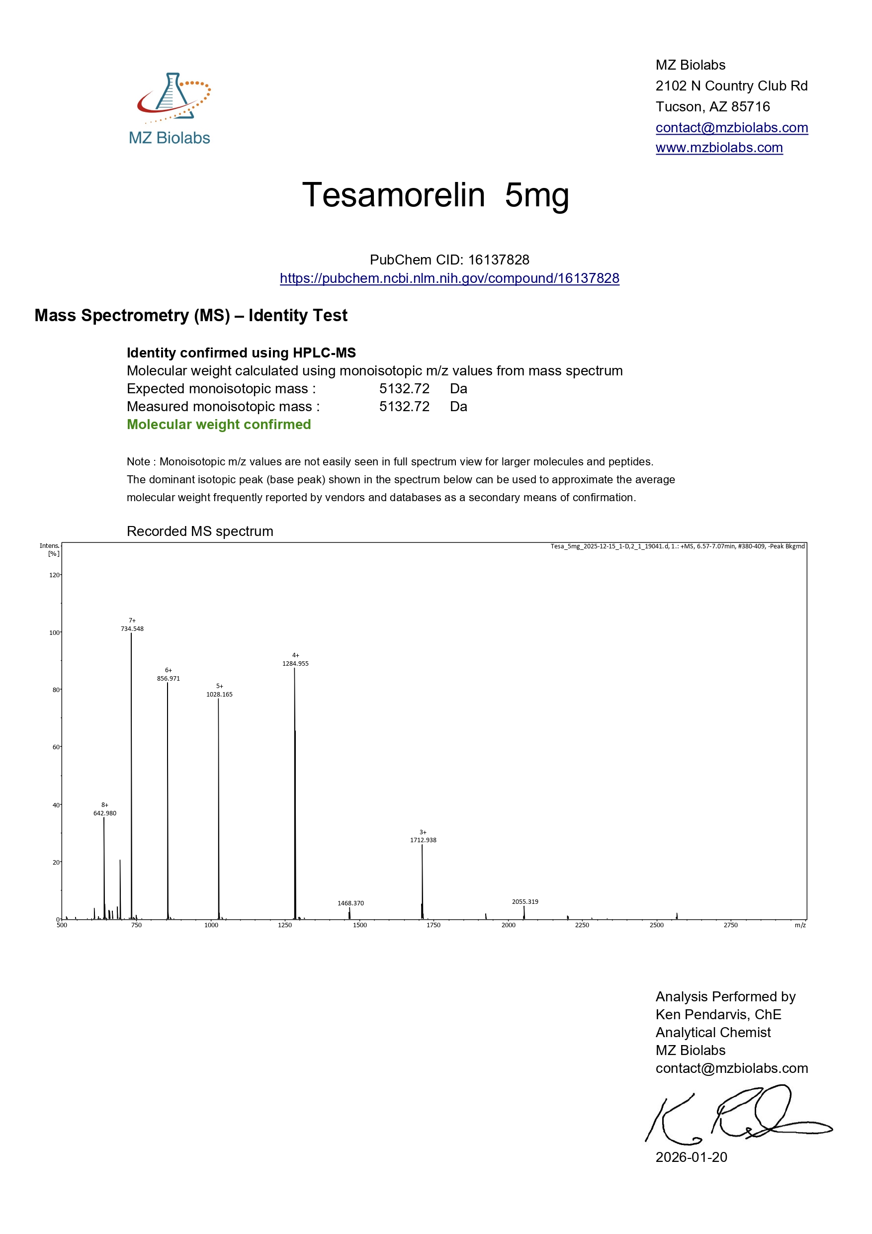 Certificate of Analysis for Tesa 5 mg from Evolve Peptides