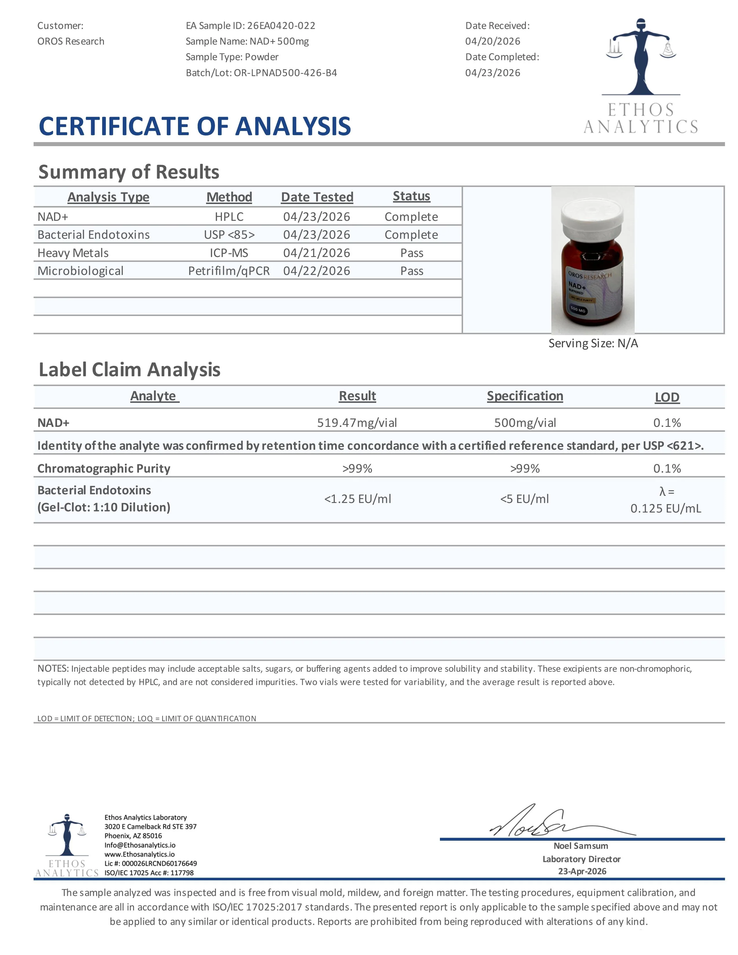 Certificate of Analysis for NAD+ from Oros Research
