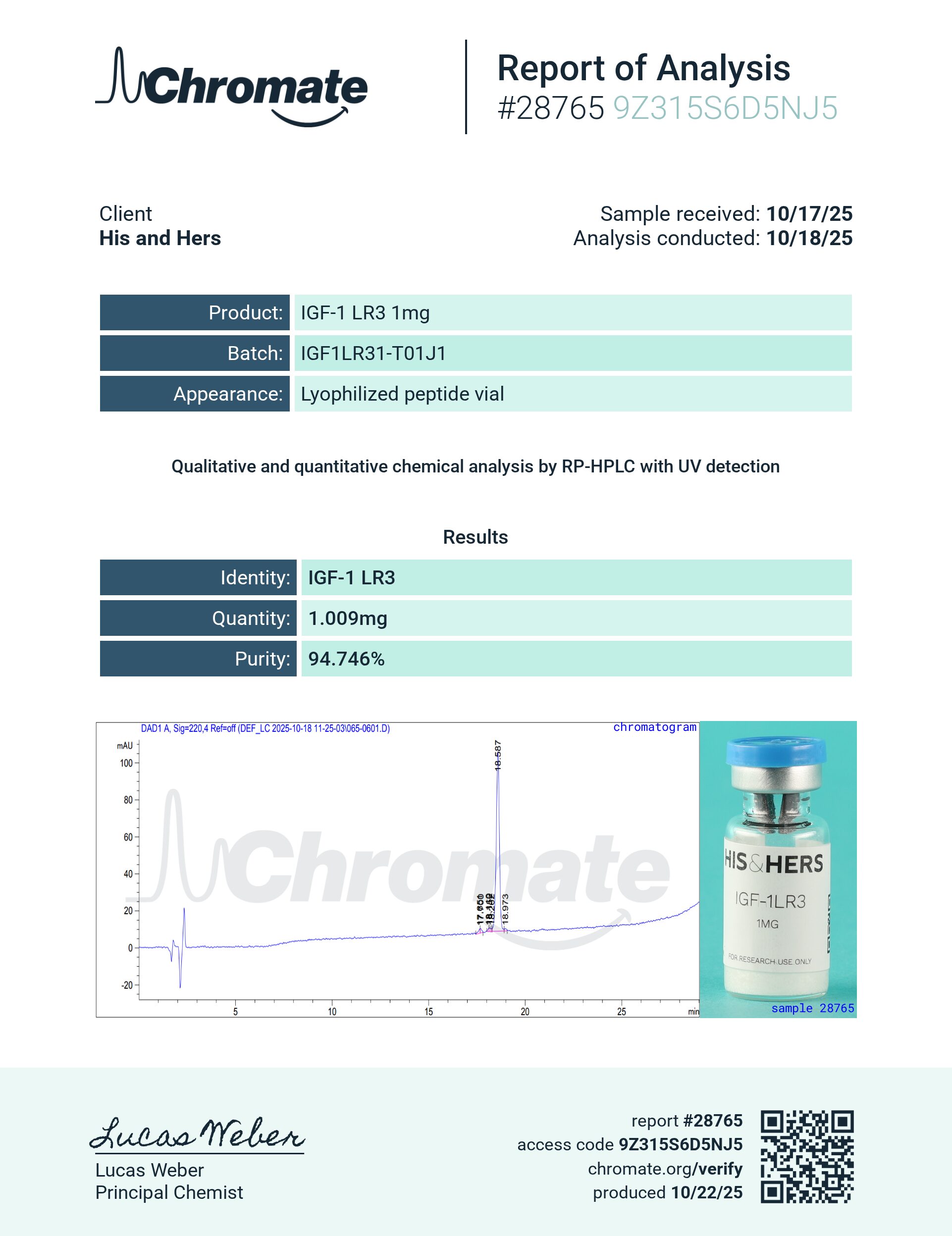 Certificate of Analysis for IGF-1 LR3 1mg from VAYN
