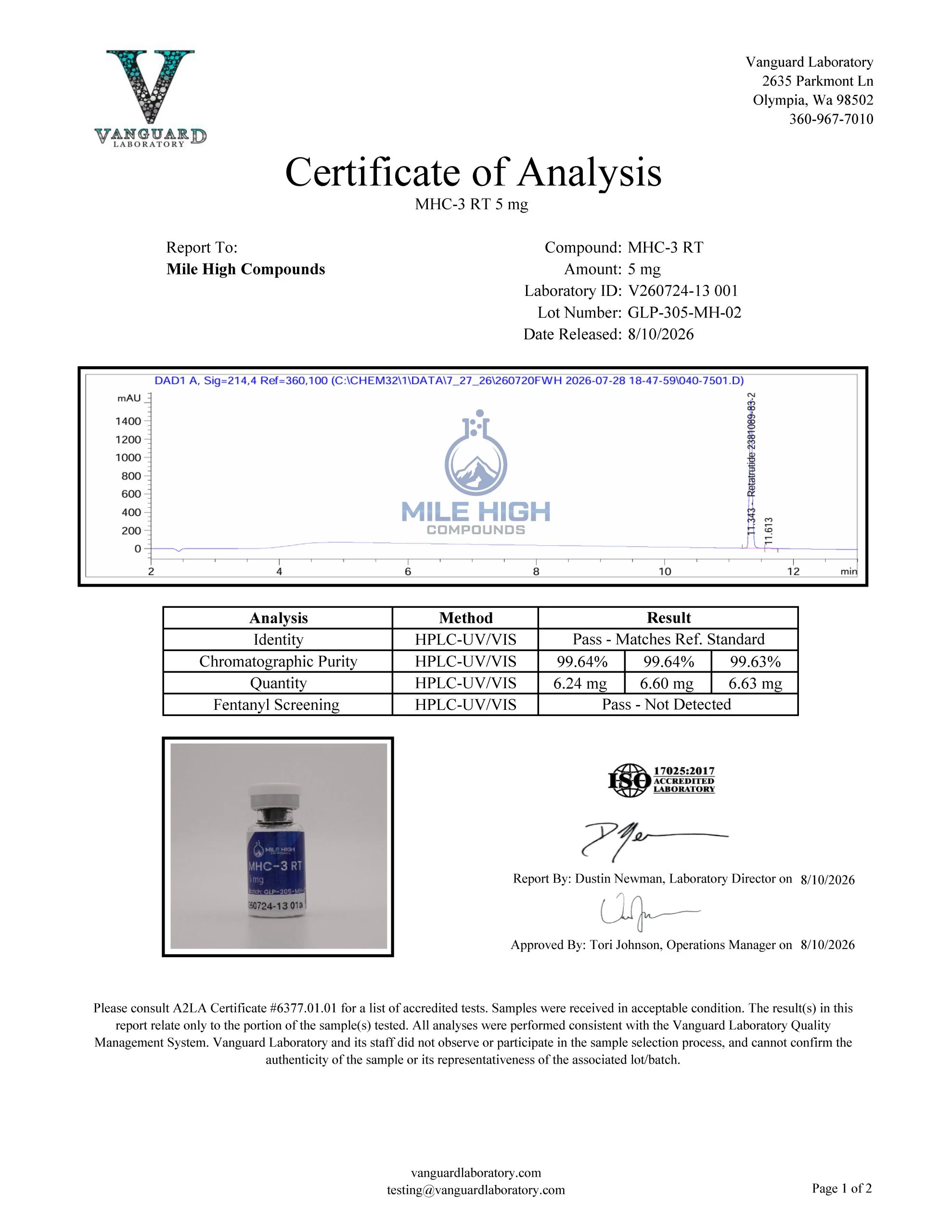 Certificate of Analysis for Mhc 3 Rt from Mile High Compounds