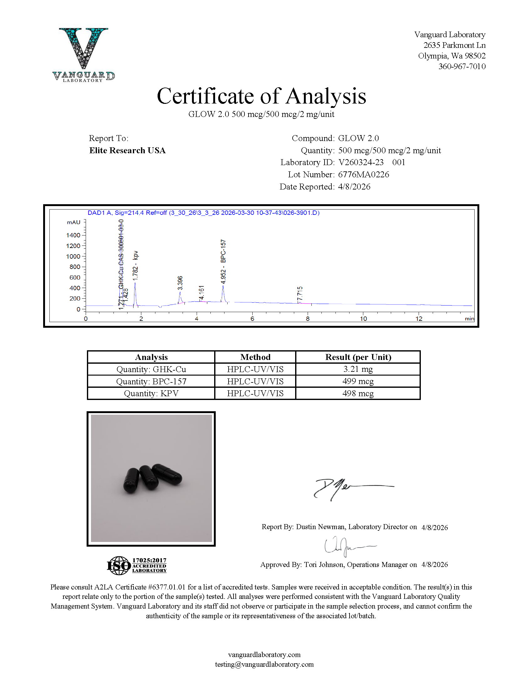 Certificate of Analysis for Vanguard Laboratory COA from Elite Research USA