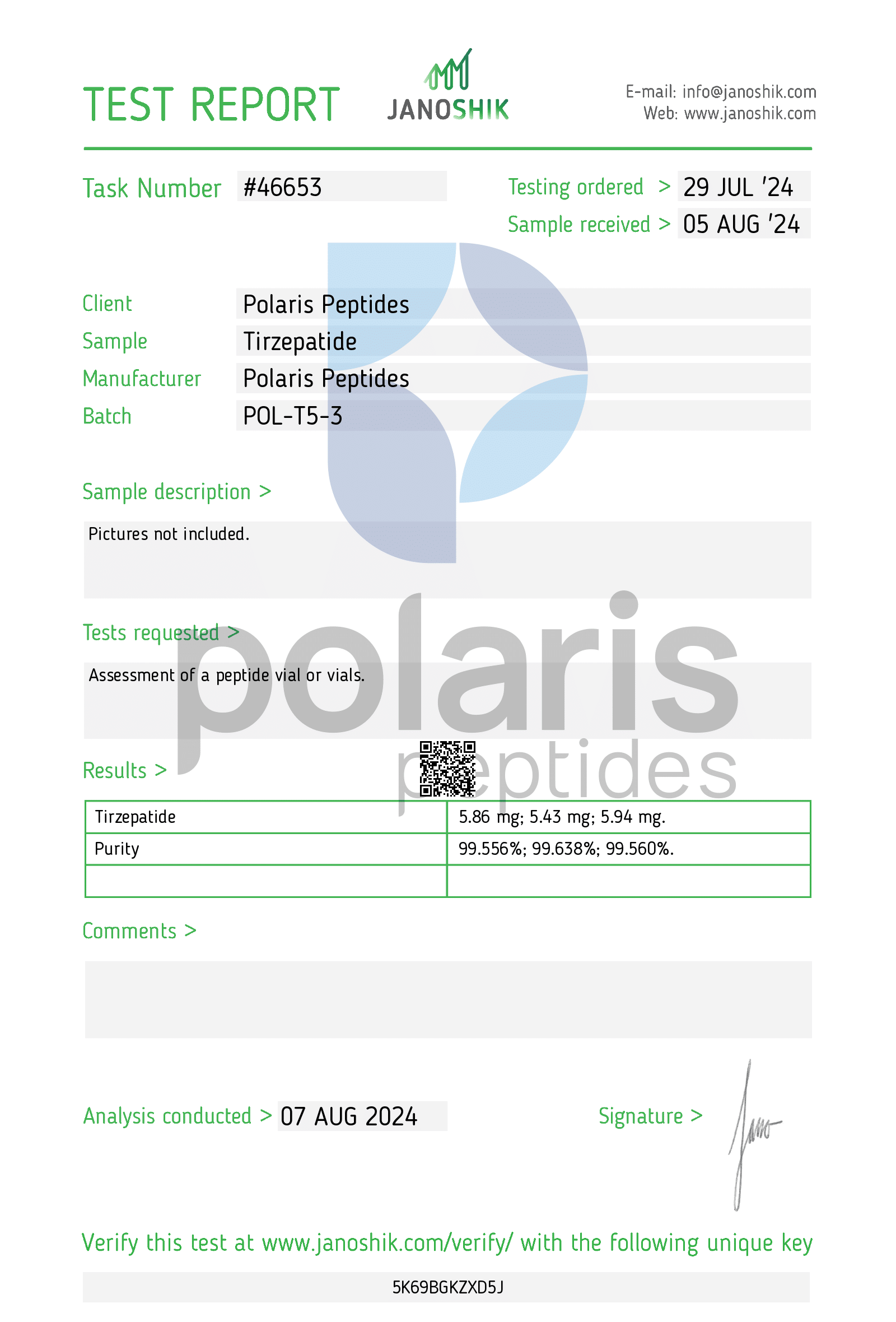 Certificate of Analysis for Tirzepatide 5mg from Polaris Peptides