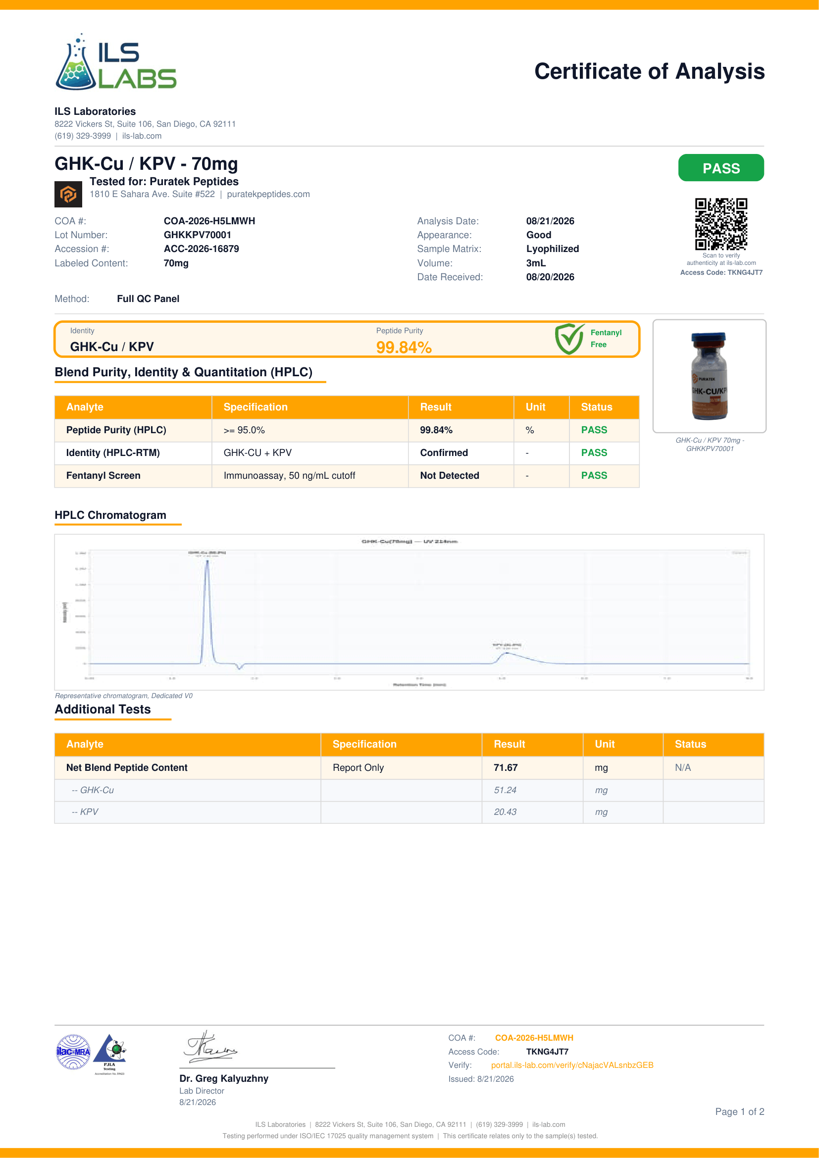 Certificate of Analysis for Ghkkpv from Puratek Peptides