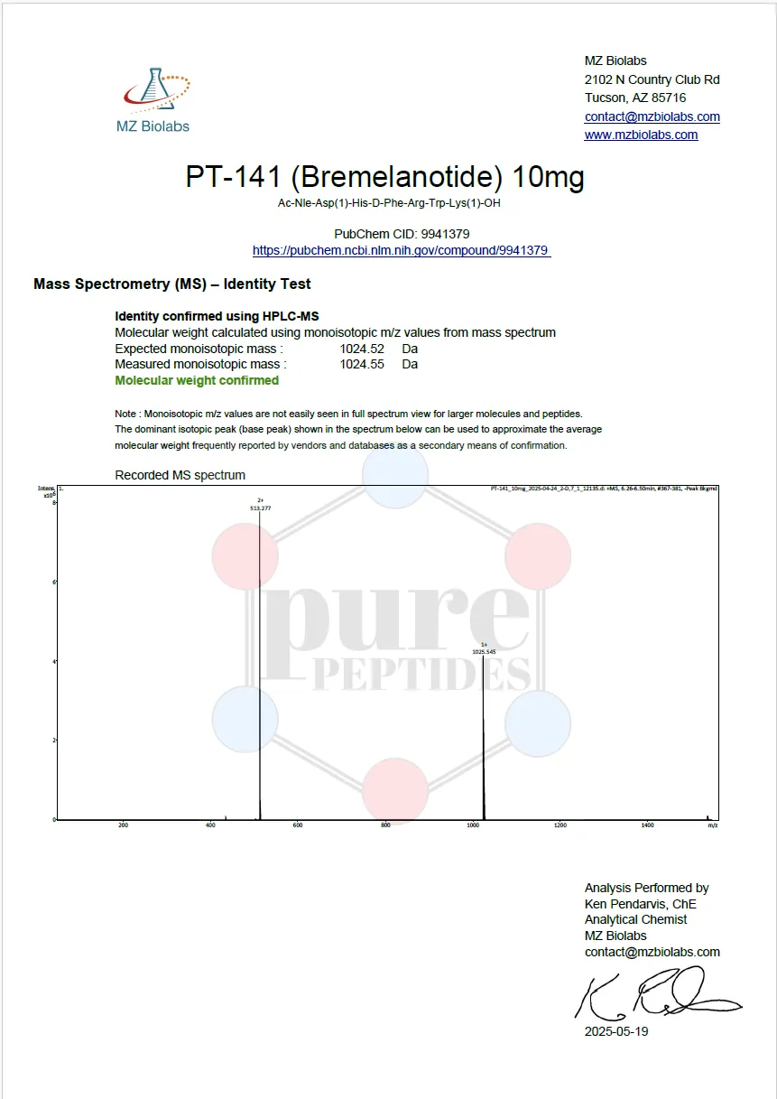Certificate of Analysis for PT 141 10MG from Pure Peptides Bio