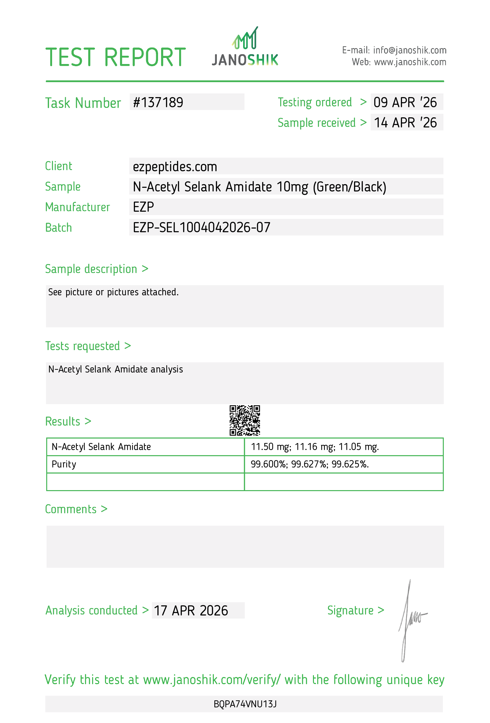 Certificate of Analysis for N-Acetyl Selank Amidate 10mg from EZ Peptides