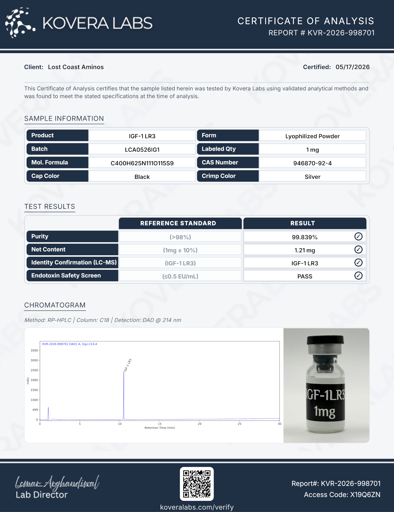 Certificate of Analysis for IGF-1 LR3 1mg from Lost Coast Aminos