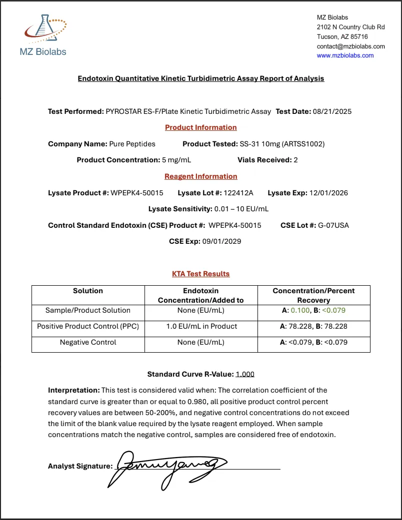 Certificate of Analysis for SS 31 from Pure Peptides Bio