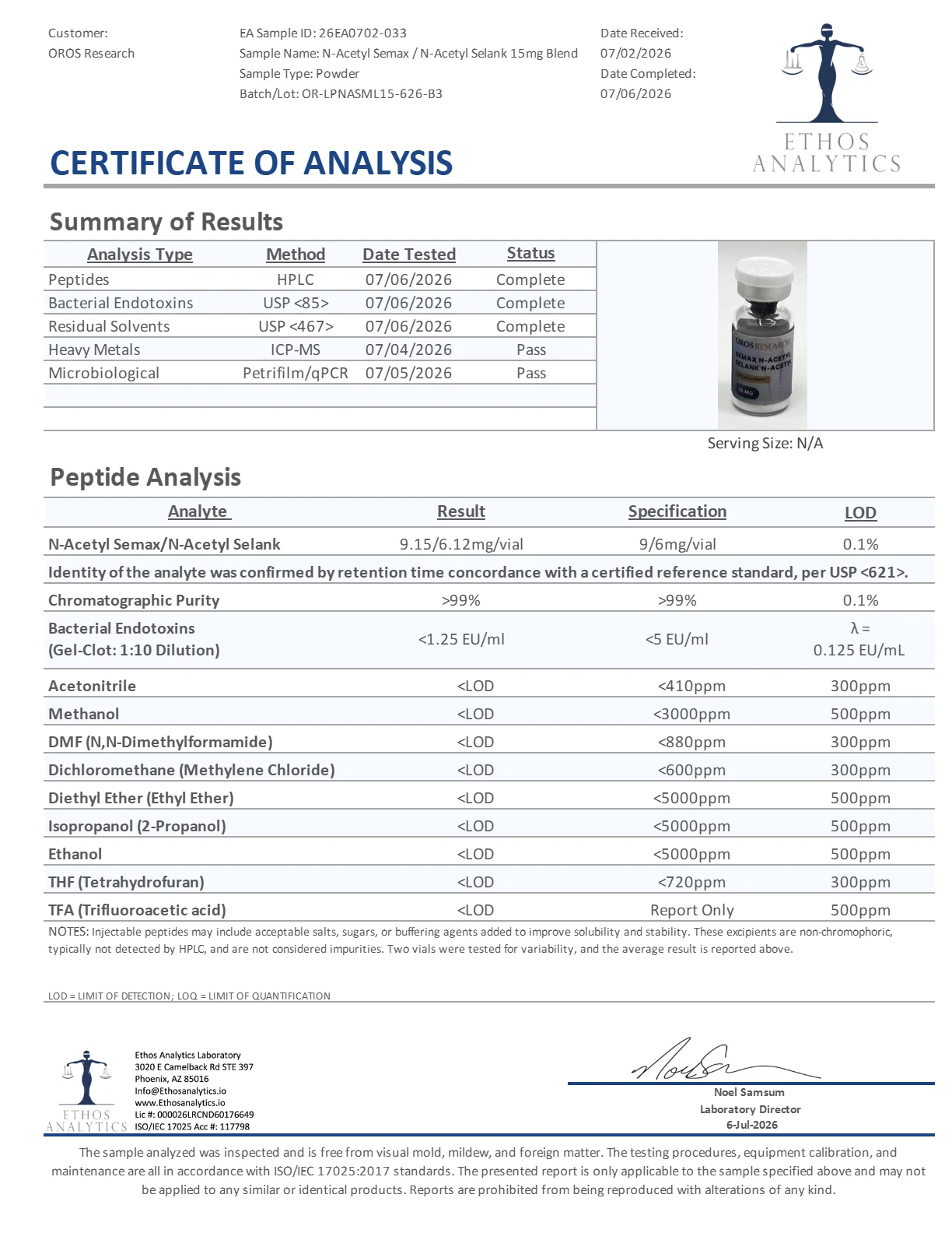 Certificate of Analysis for Semax / Selank N-Acetyl from Oros Research