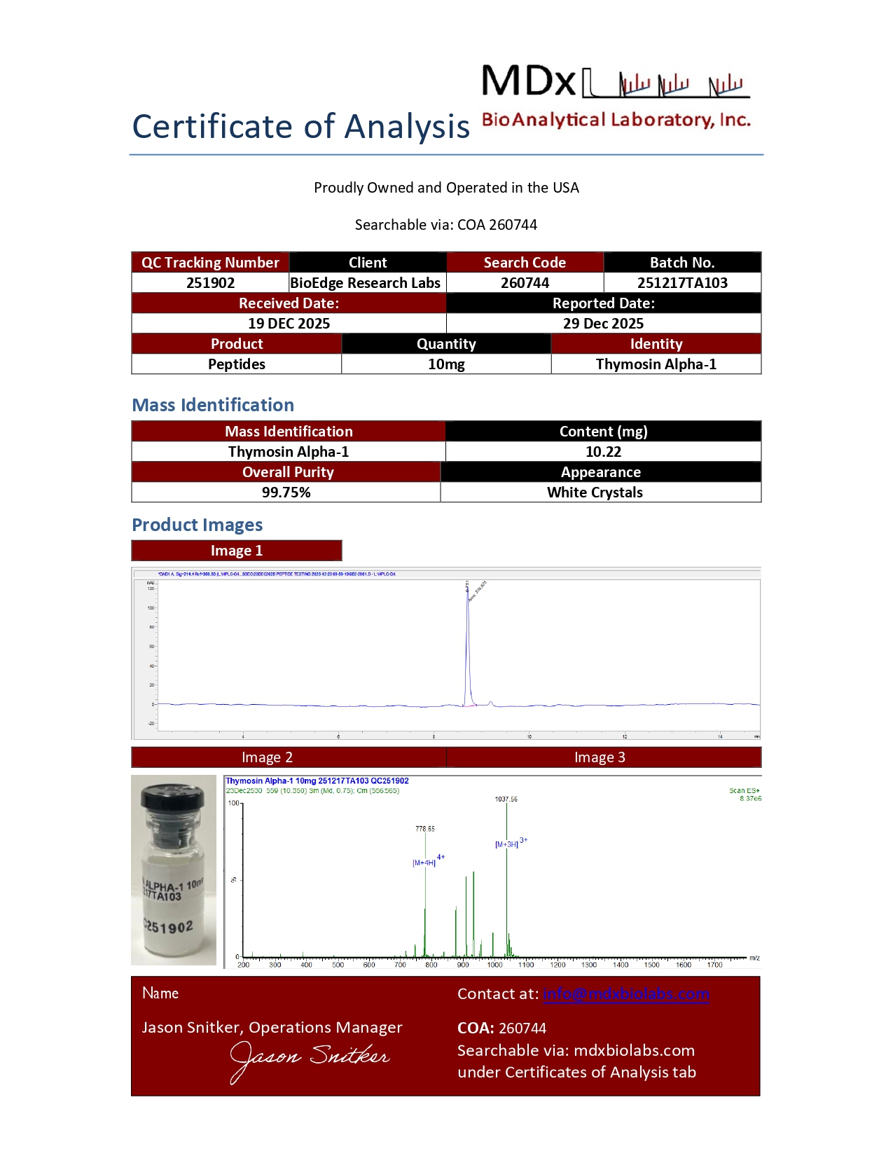 Certificate of Analysis for Thymosin Alpha 1 (10mg) from BioEdge Research Labs