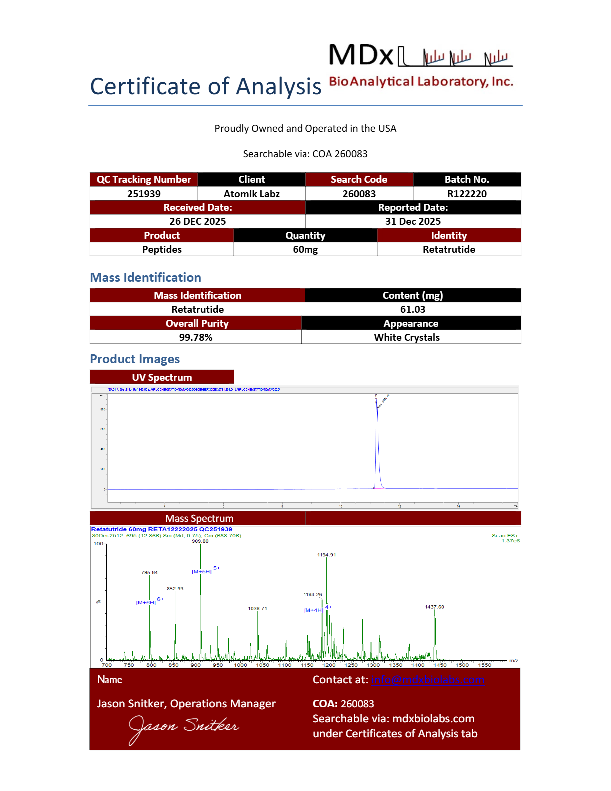 Certificate of Analysis for Retatrutide from Atomik Labz
