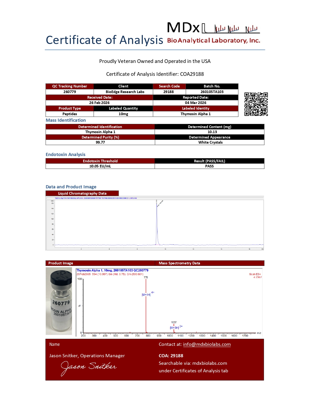 Certificate of Analysis for Thymosin Alpha 1 (10mg) from BioEdge Research Labs