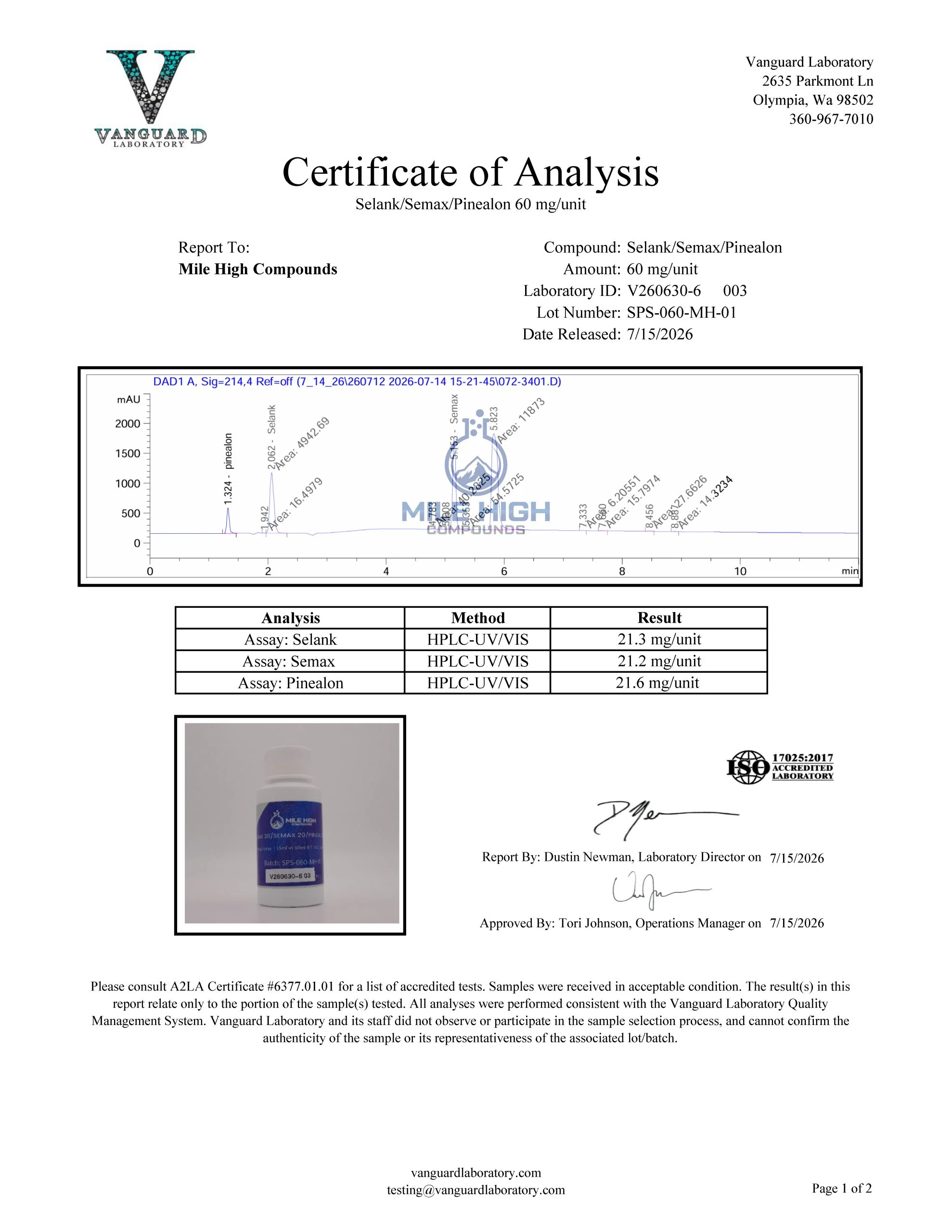 Certificate of Analysis for Semax Selank Pinealon Blend from Mile High Compounds