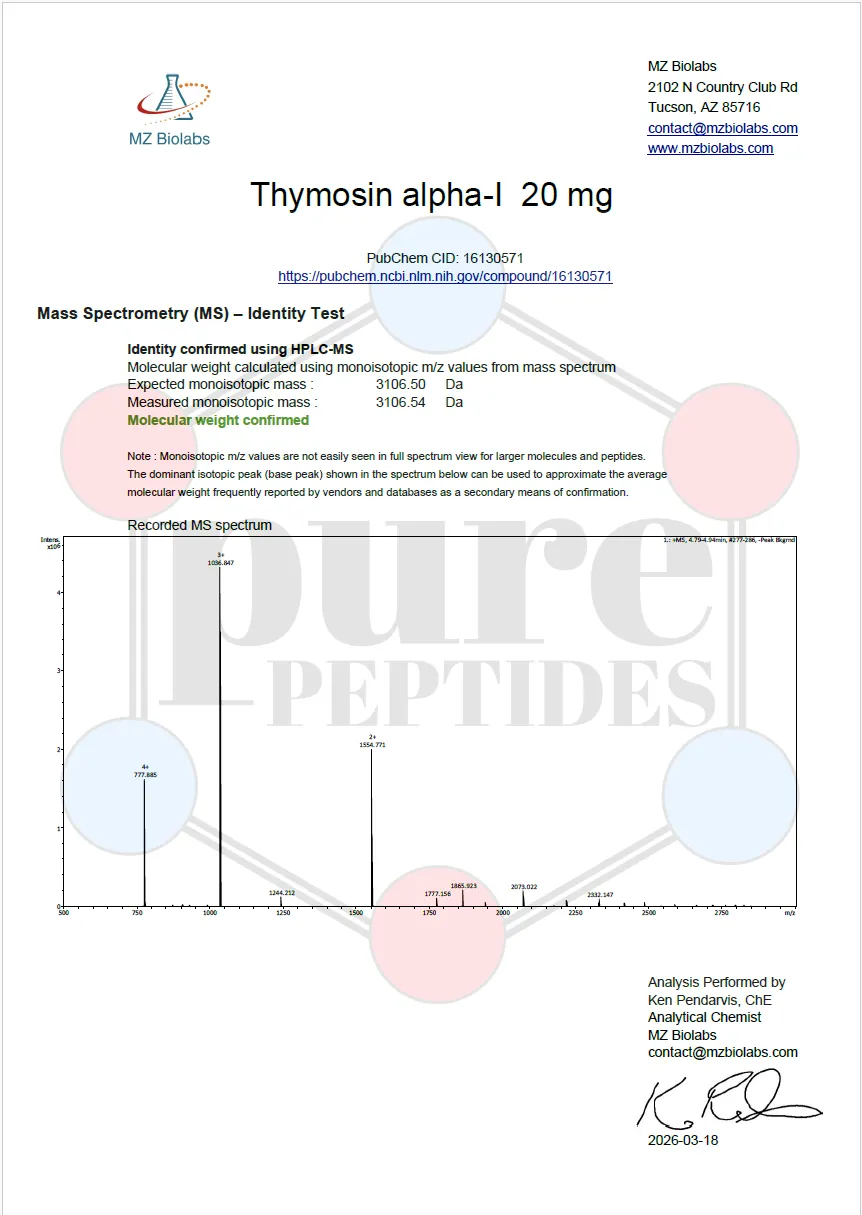 Certificate of Analysis for BUY THYMOSIN ALPHA 1 20MG from Pure Peptides Bio