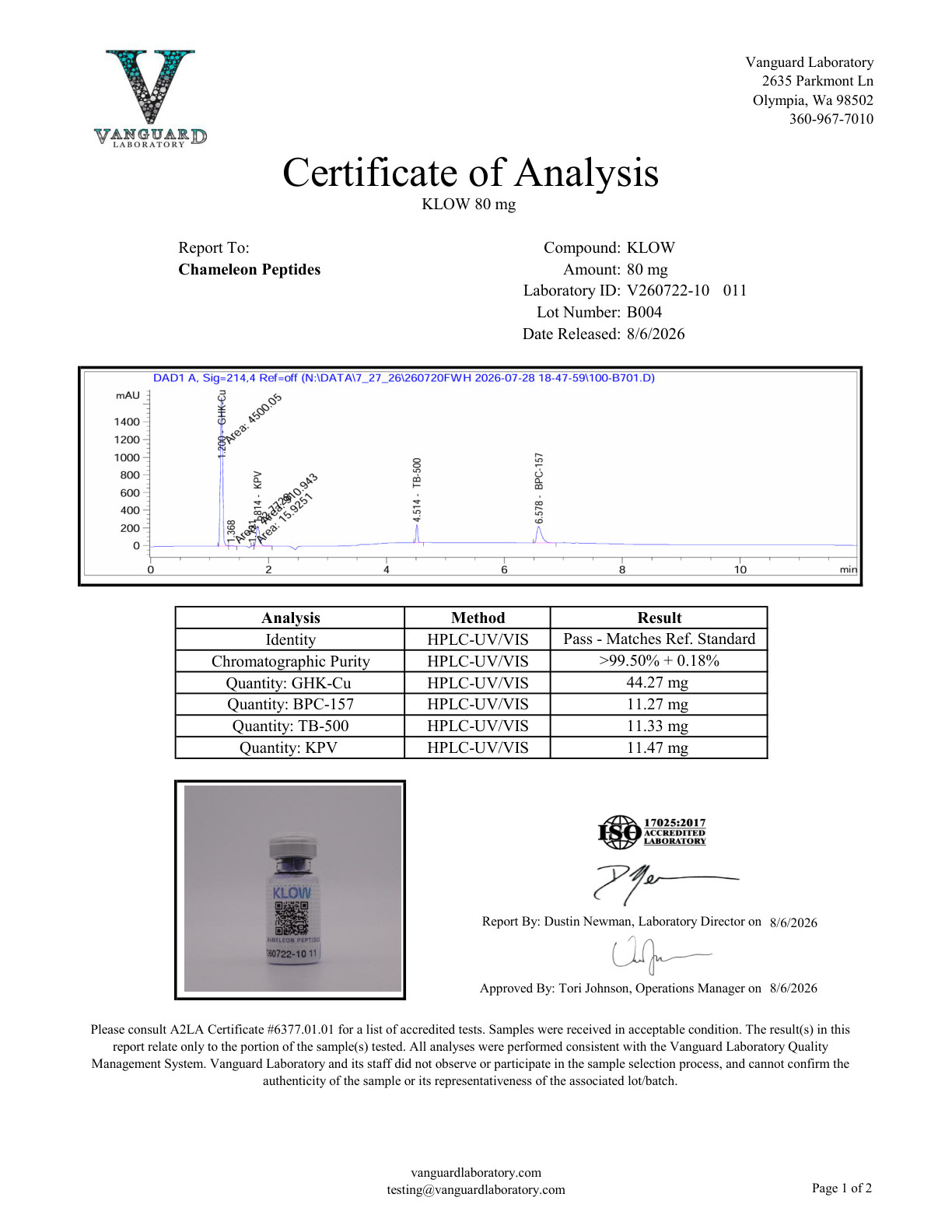 Certificate of Analysis for KLOW from Chameleon Peptides
