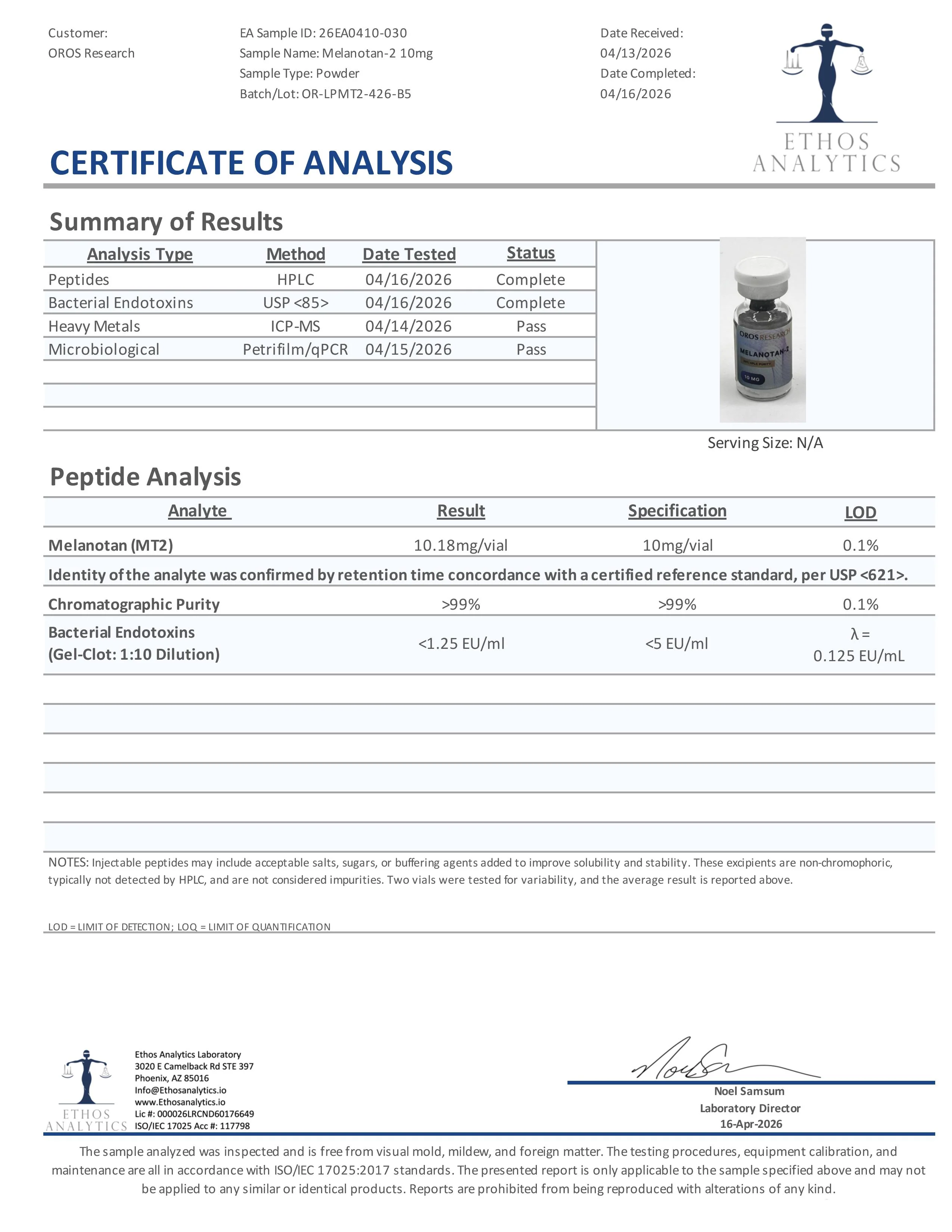 Certificate of Analysis for Melanotan-2 from Oros Research