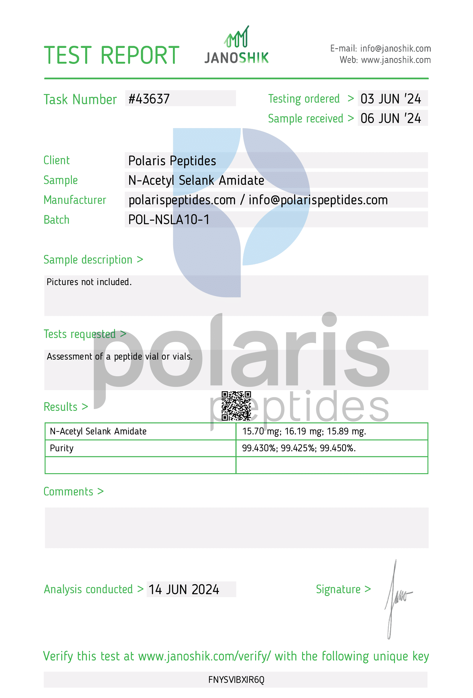 Certificate of Analysis for N-Acetyl Selank Amidate 10mg from Polaris Peptides