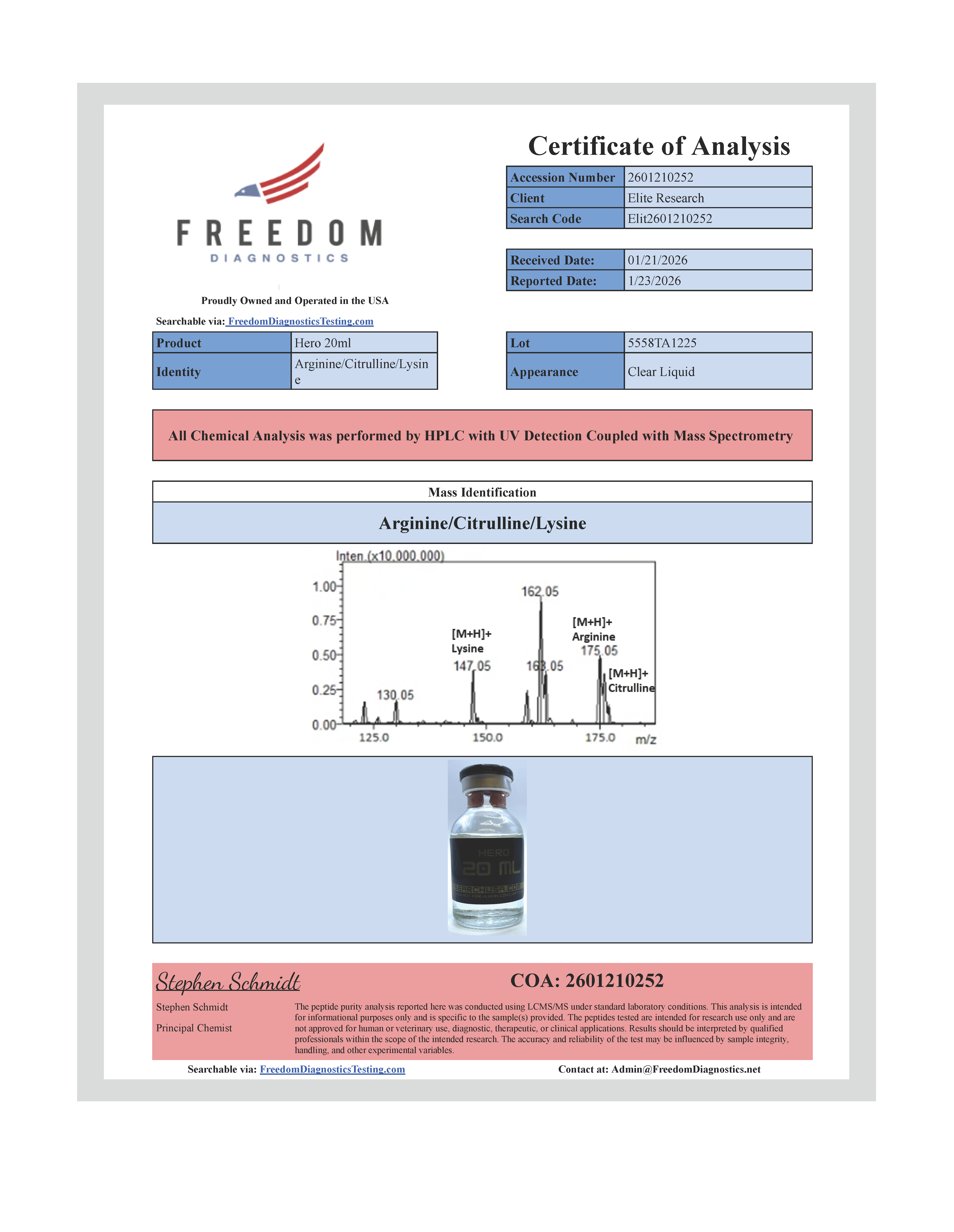 Certificate of Analysis for Freedom Diagnostics COA from Elite Research USA
