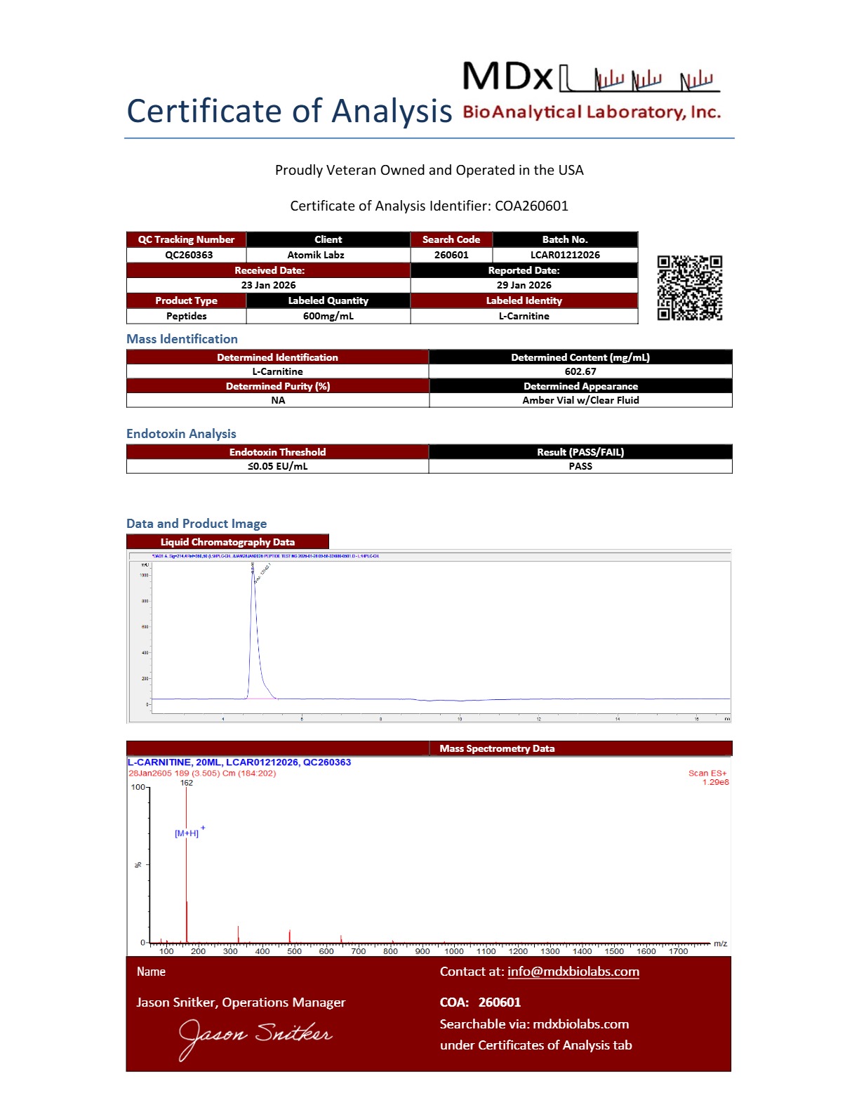 Certificate of Analysis for L-Carnitine from Atomik Labz