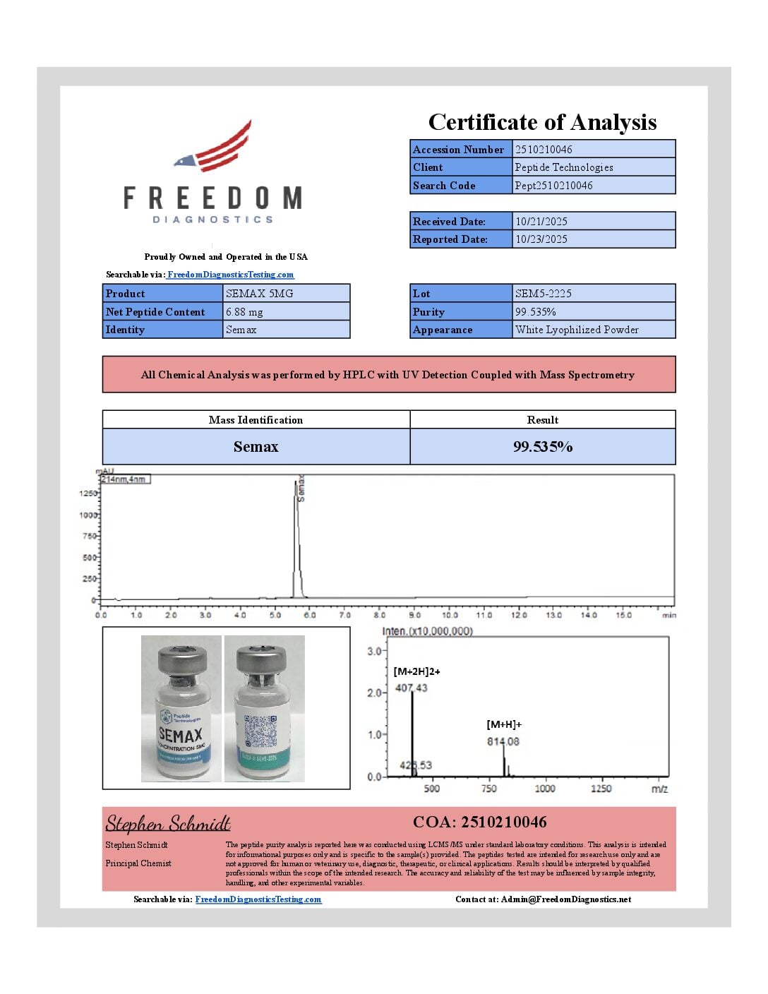Certificate of Analysis for Semax 5mg from Peptide Tech