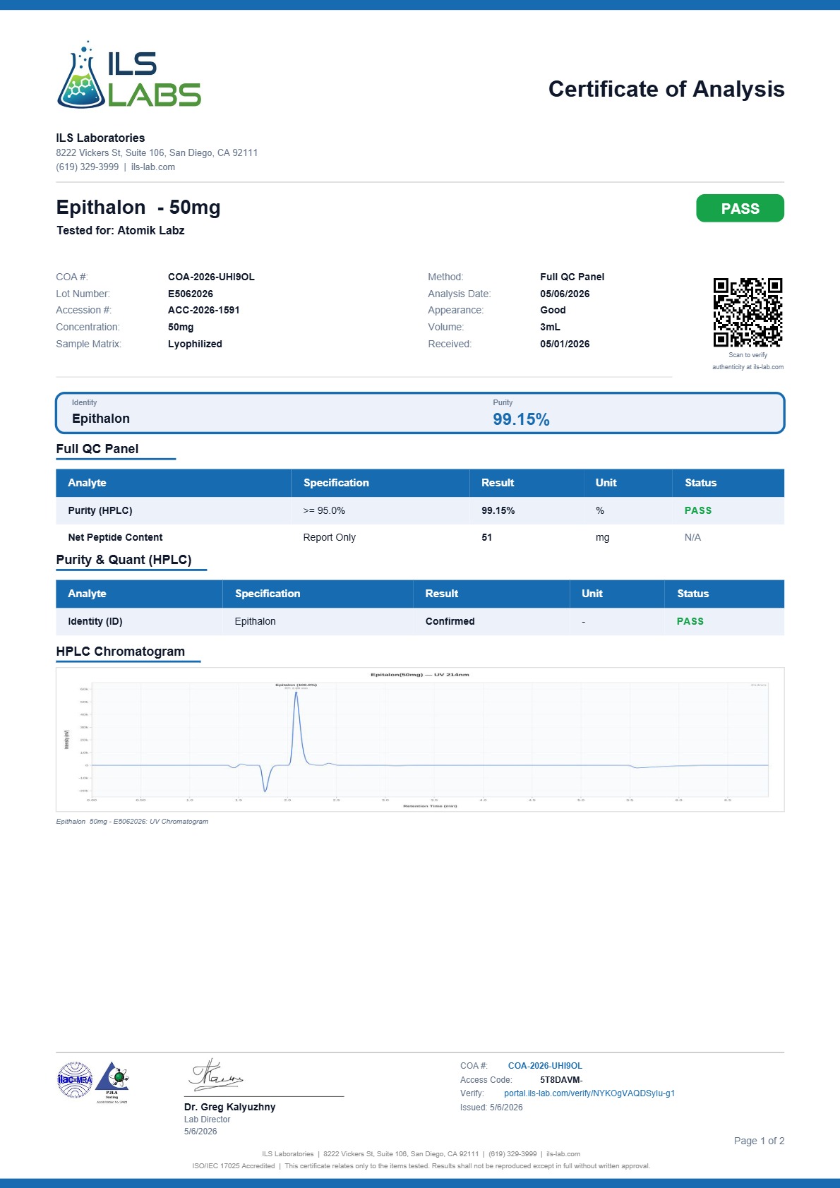 Certificate of Analysis for Epitalon from Atomik Labz