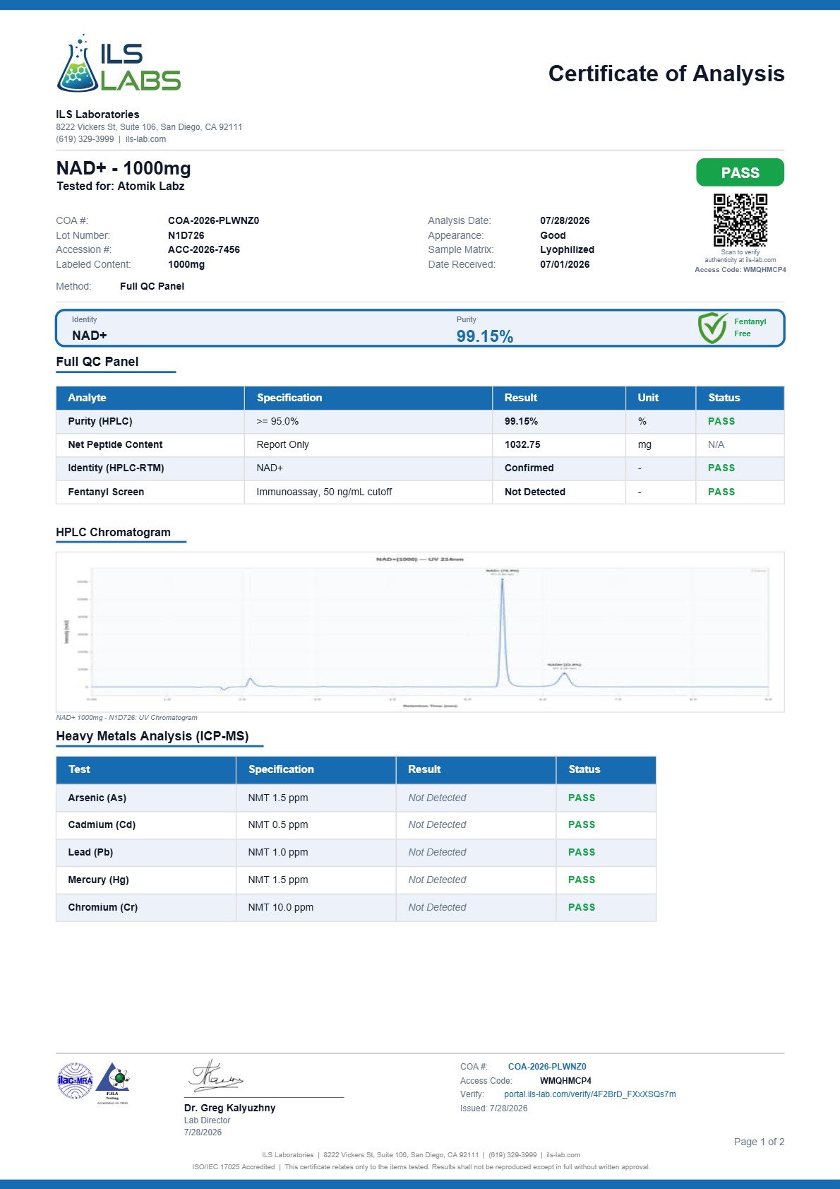 Certificate of Analysis for NAD+ from Atomik Labz