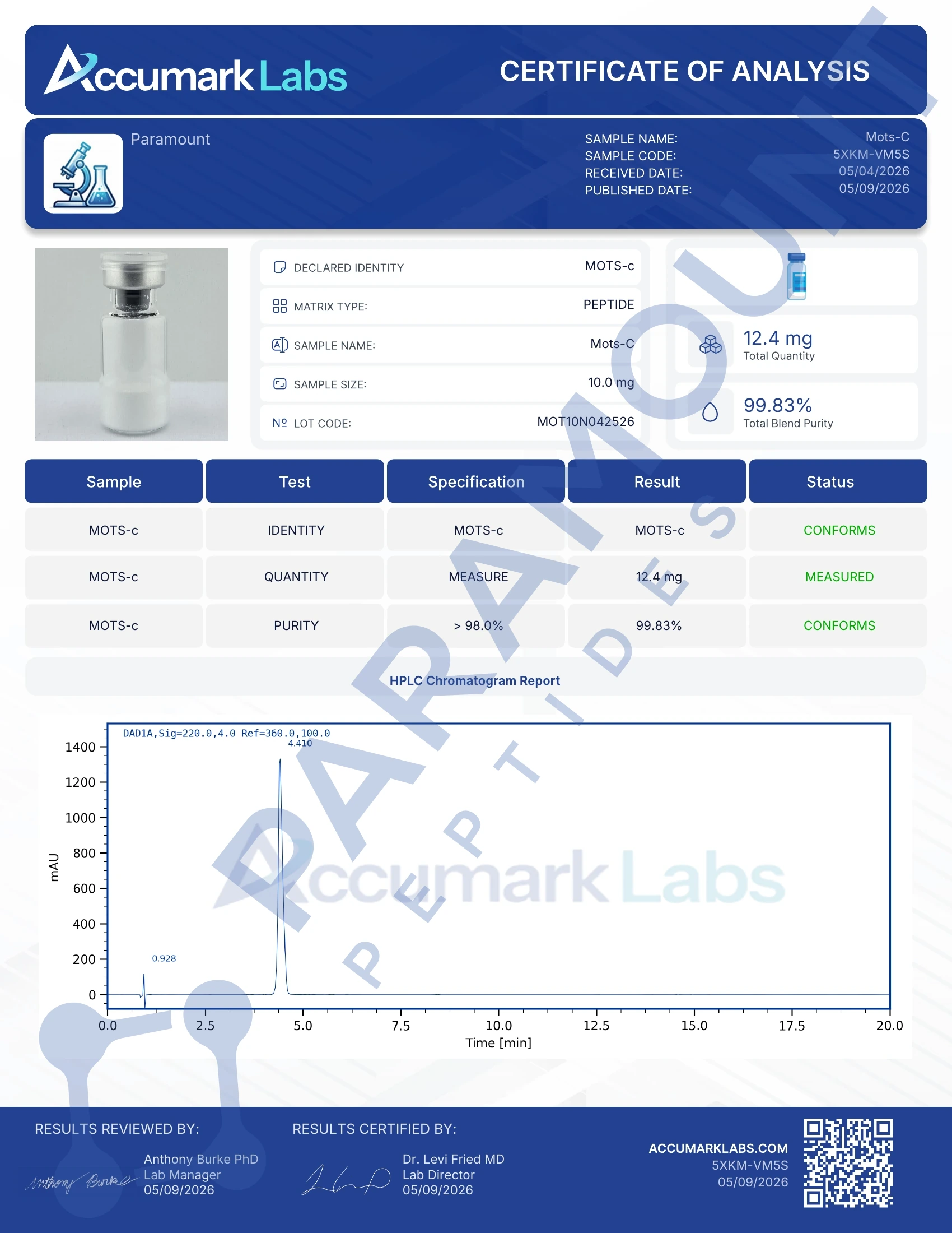 Certificate of Analysis for MOTS-c (10mg) from Paramount Peptides