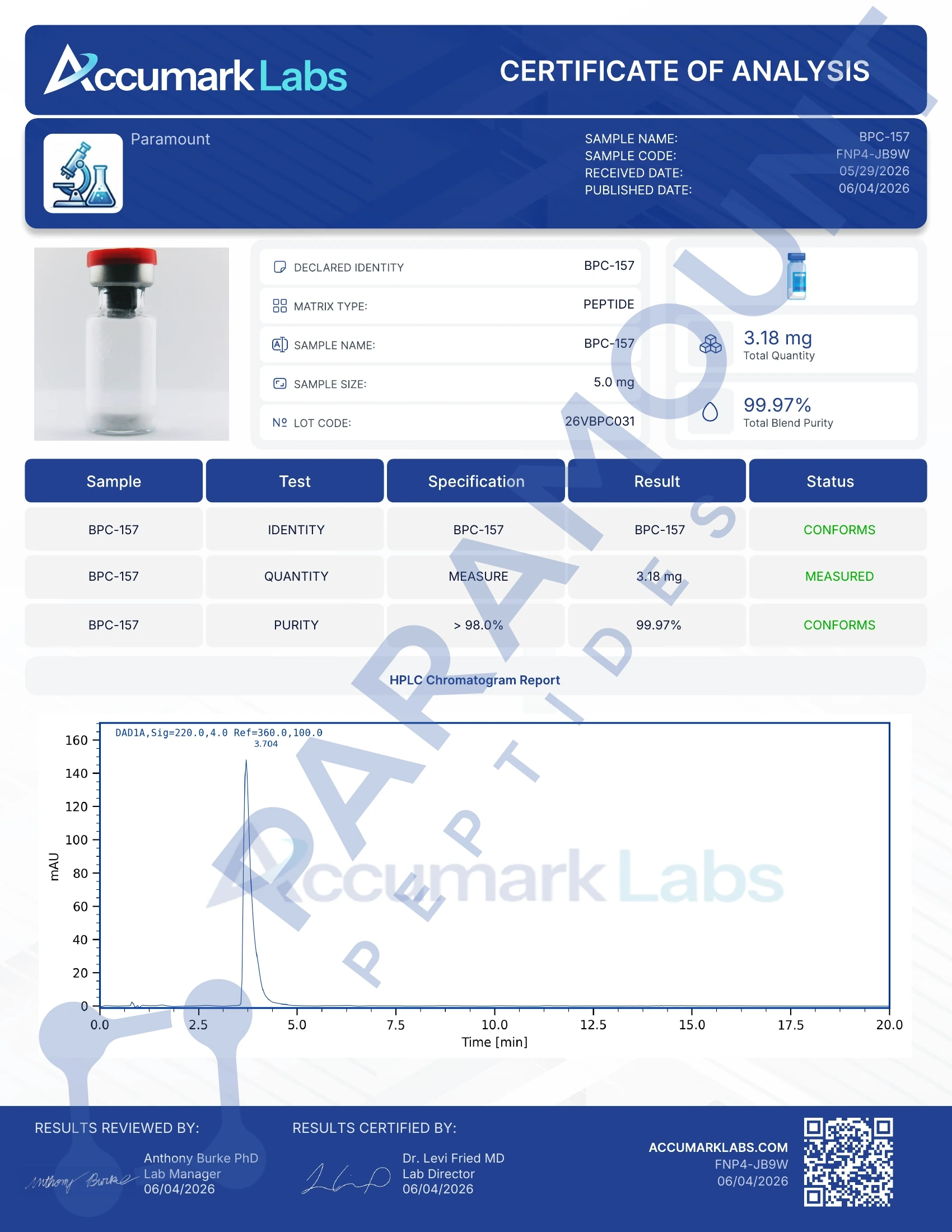 Certificate of Analysis for BPC-157 (5mg) from Paramount Peptides