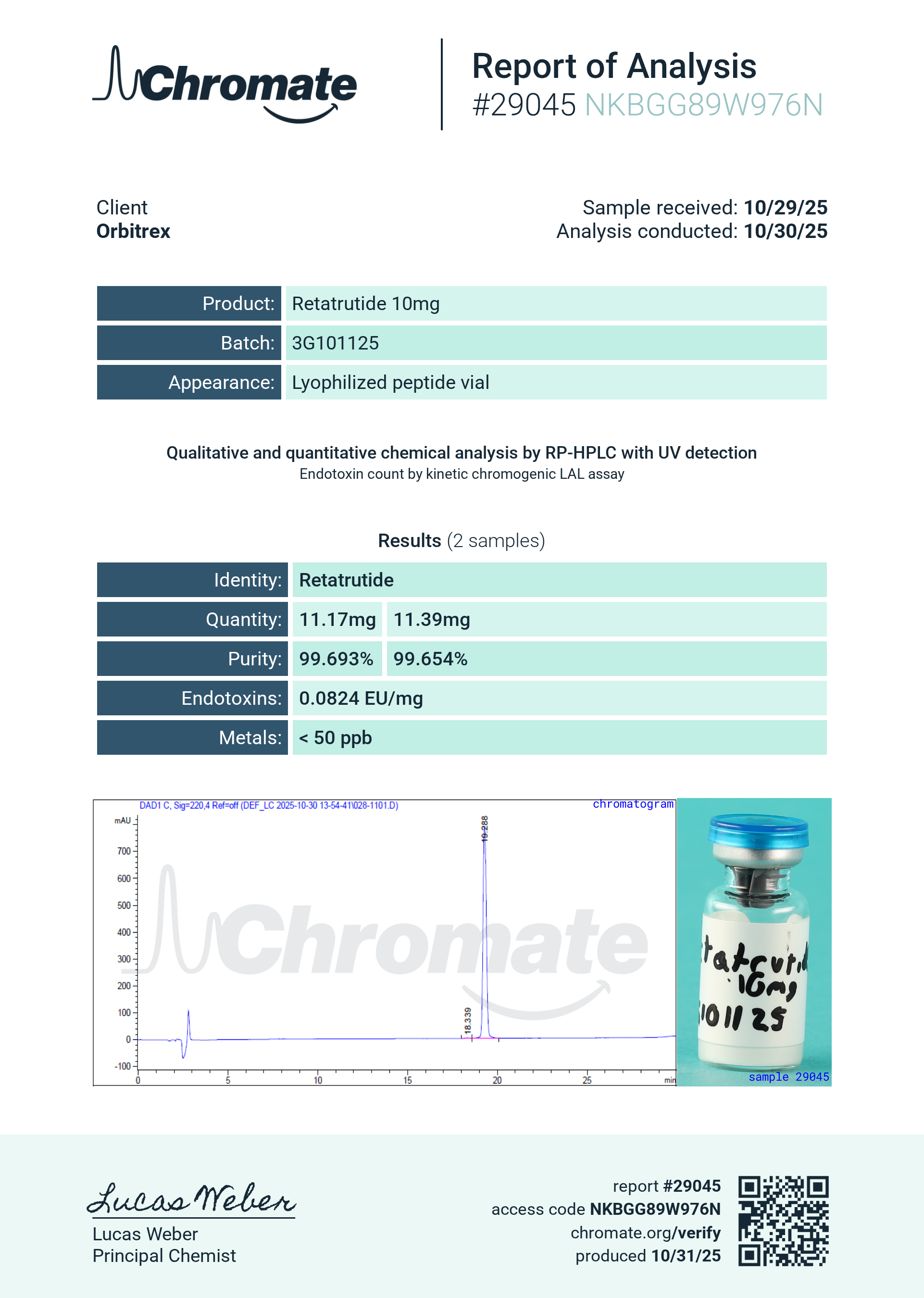 Certificate of Analysis for 3G-RT 10mg from Orbitrex Peptides