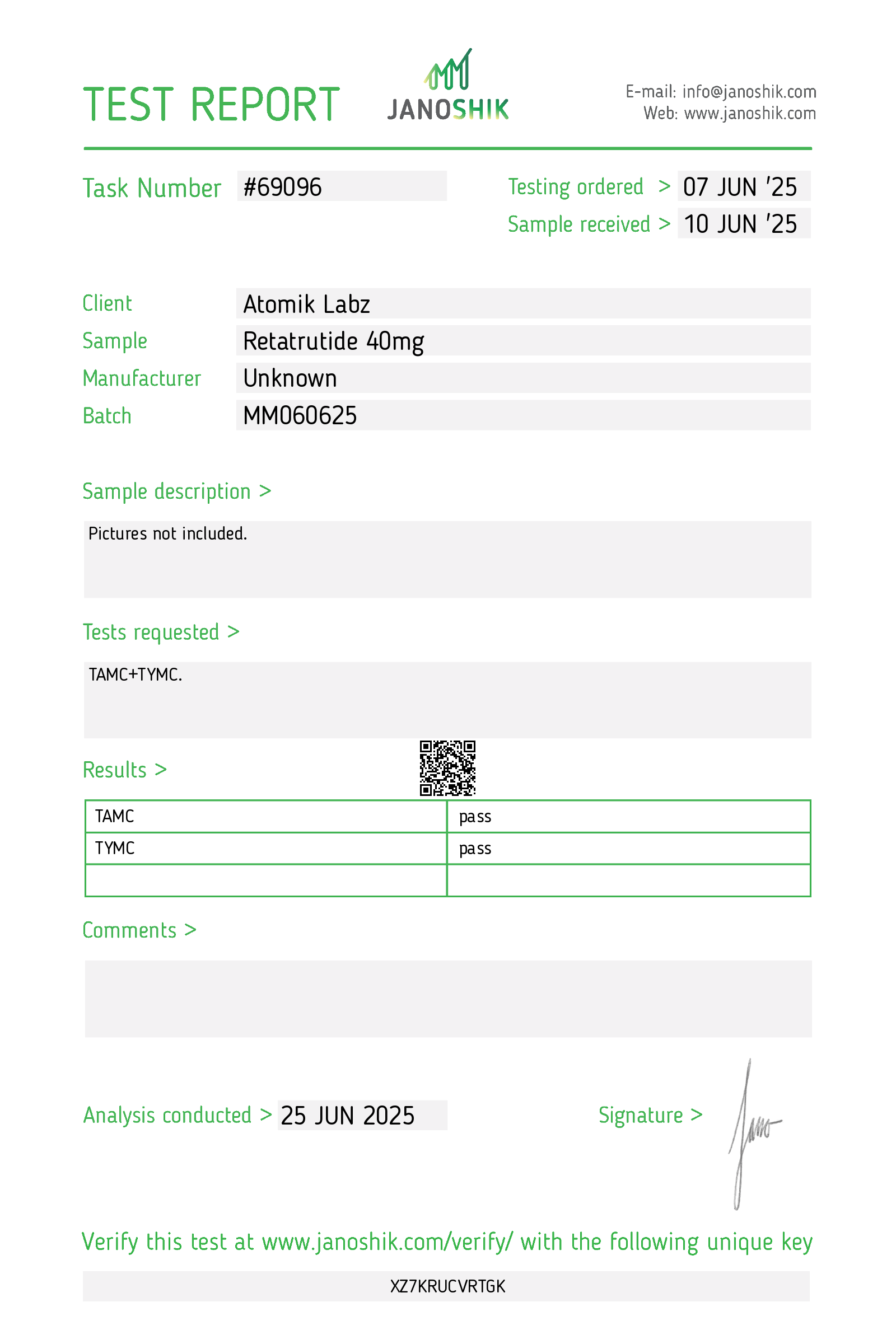 Certificate of Analysis for Retatrutide from Atomik Labz