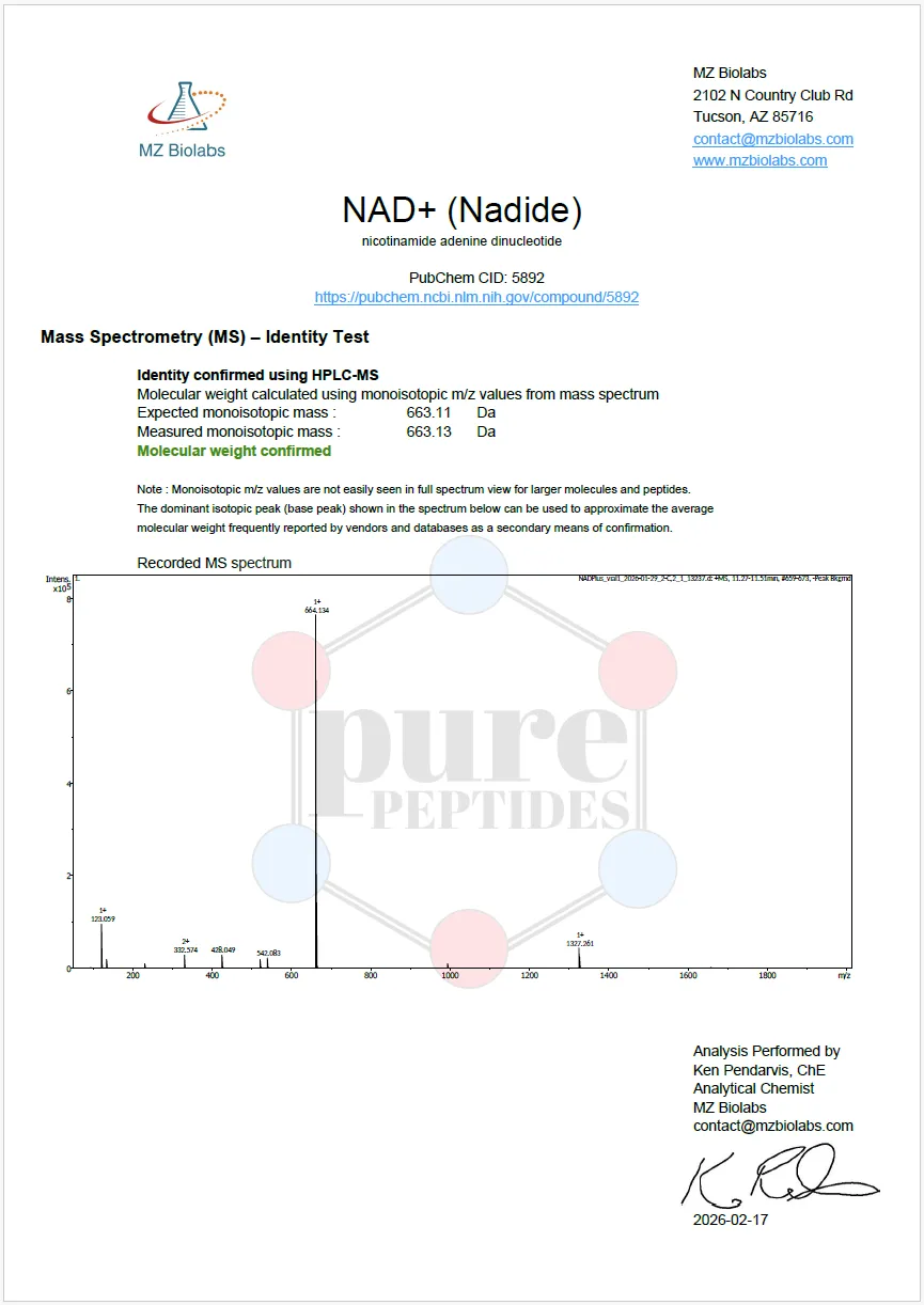 Certificate of Analysis for NAD 500MG from Pure Peptides Bio