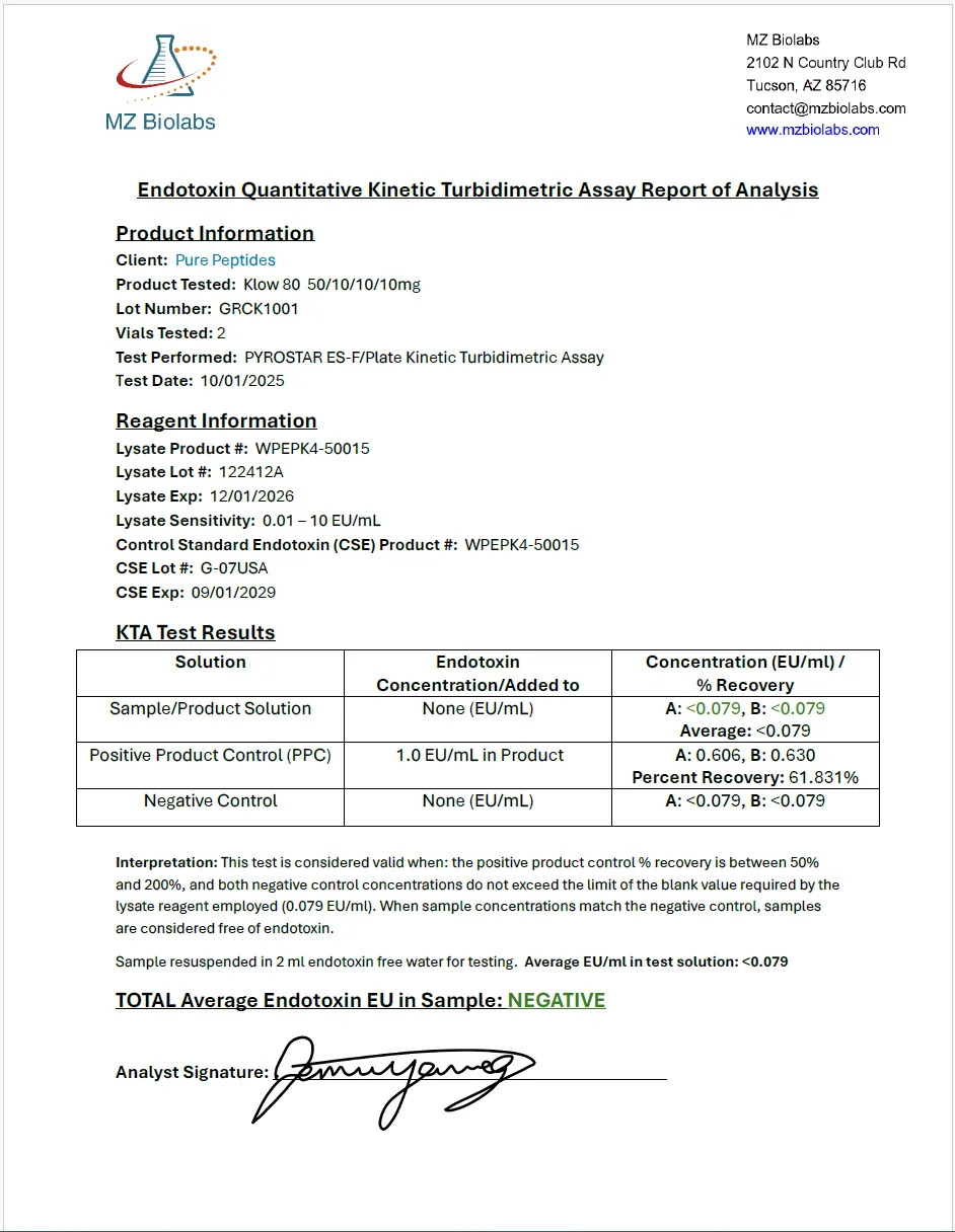 Certificate of Analysis for KLOW 80MG from Pure Peptides Bio