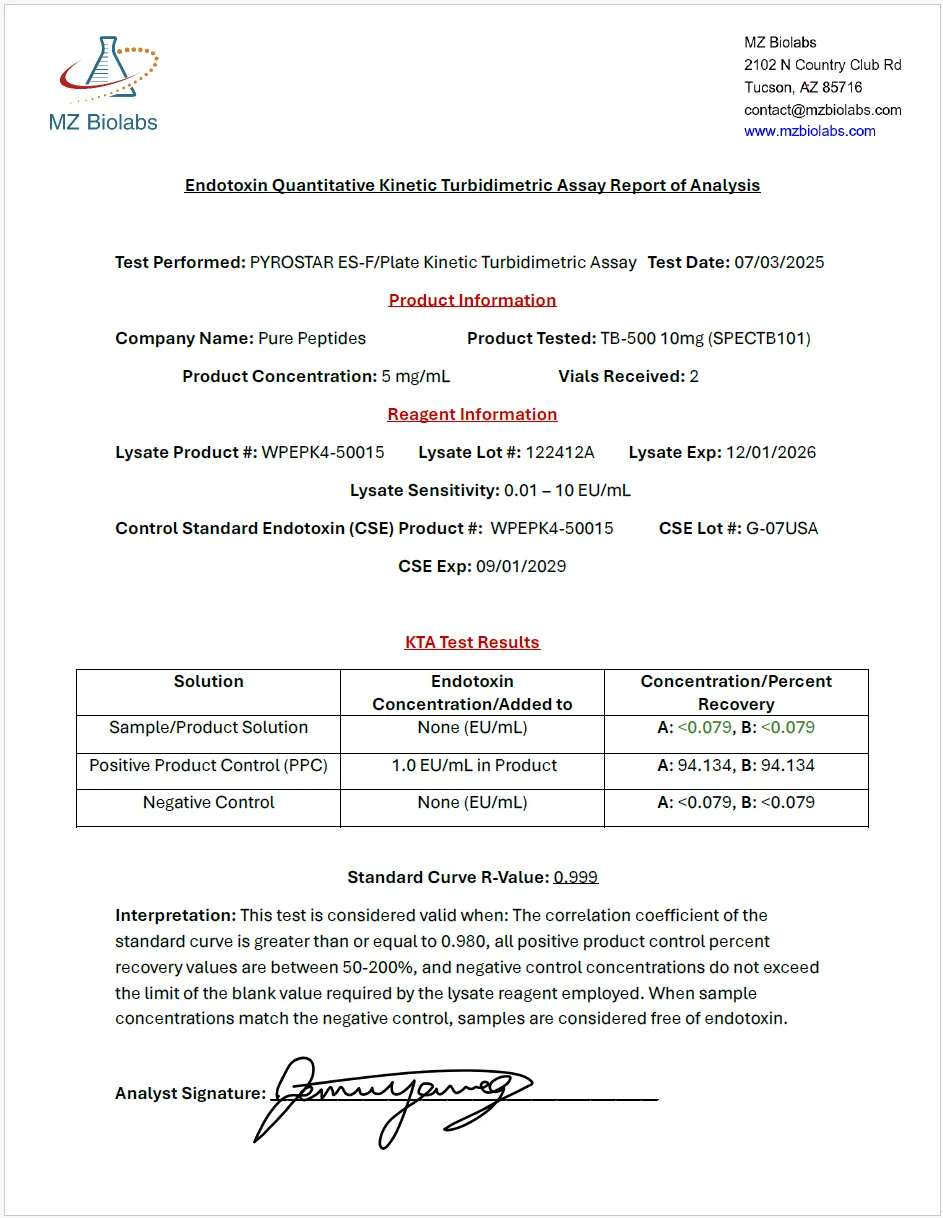 Certificate of Analysis for THYMOSIN BETA 4 from Pure Peptides Bio