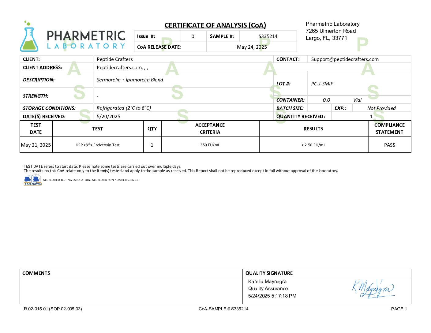 Certificate of Analysis for Sermorelin + Ipamorelin (5/5mg) Blend from Peptide Crafters
