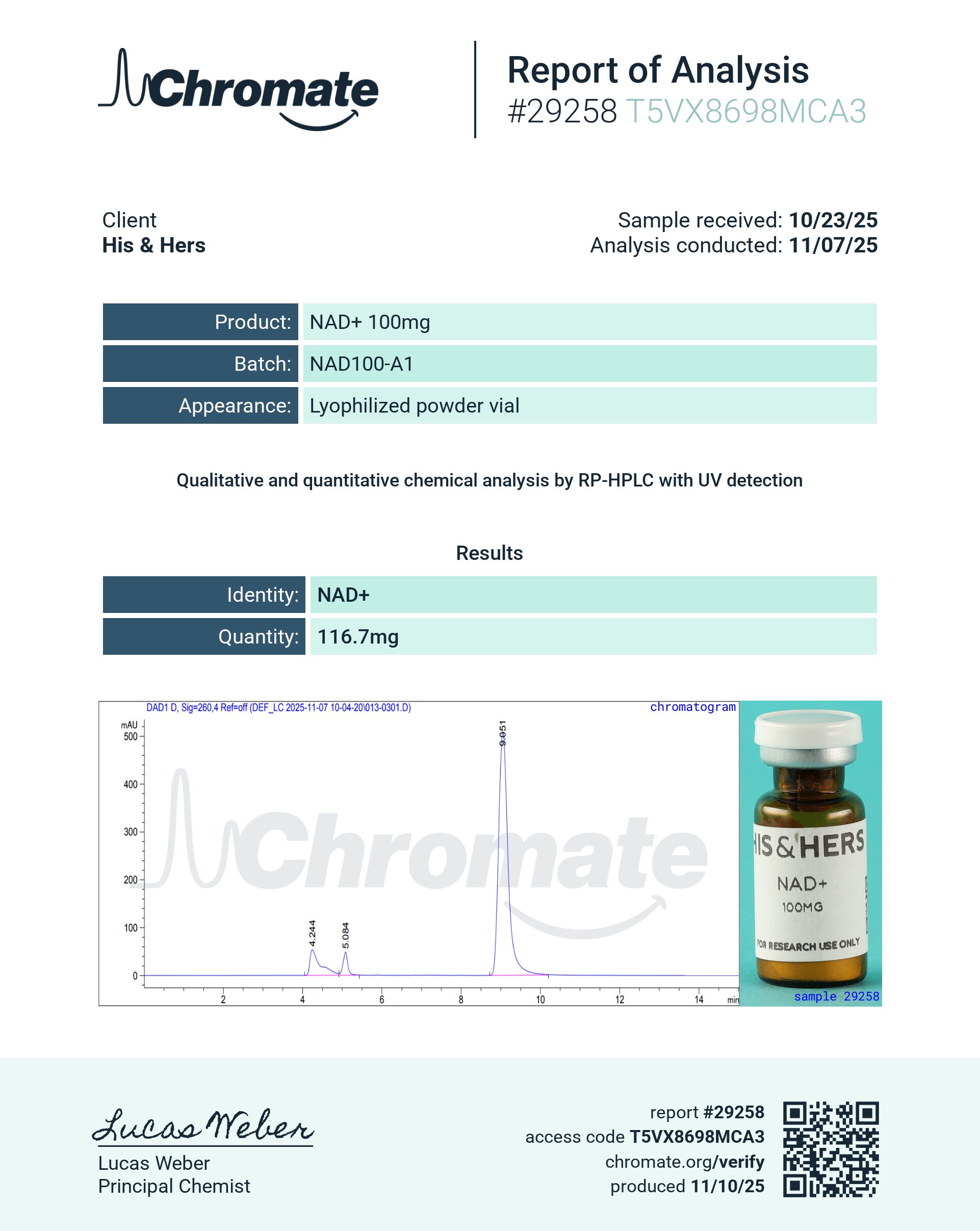 Certificate of Analysis for NAD+ 100mg from VAYN