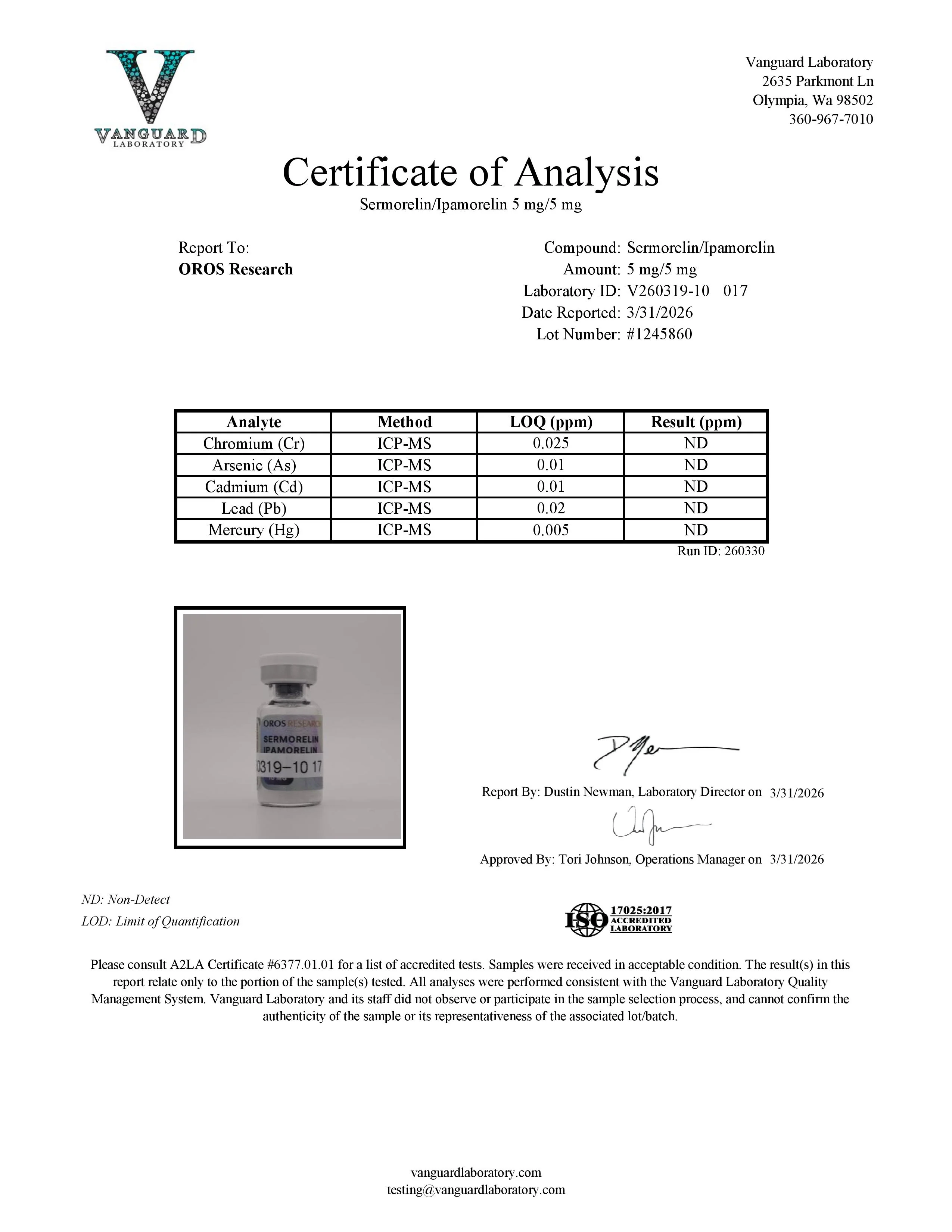 Certificate of Analysis for Sermorelin from Oros Research