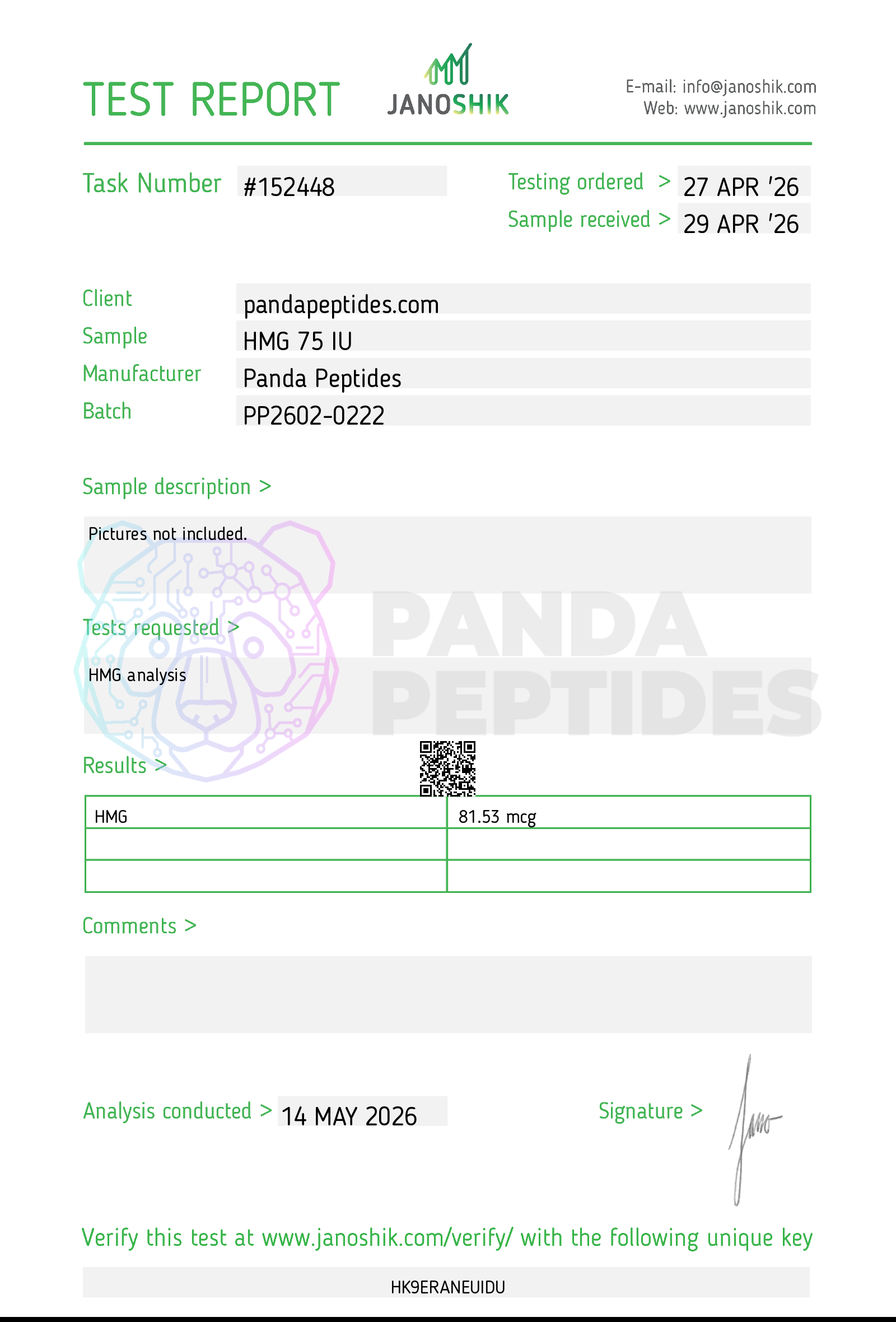 Certificate of Analysis for HMG 75IU from Panda Peptides