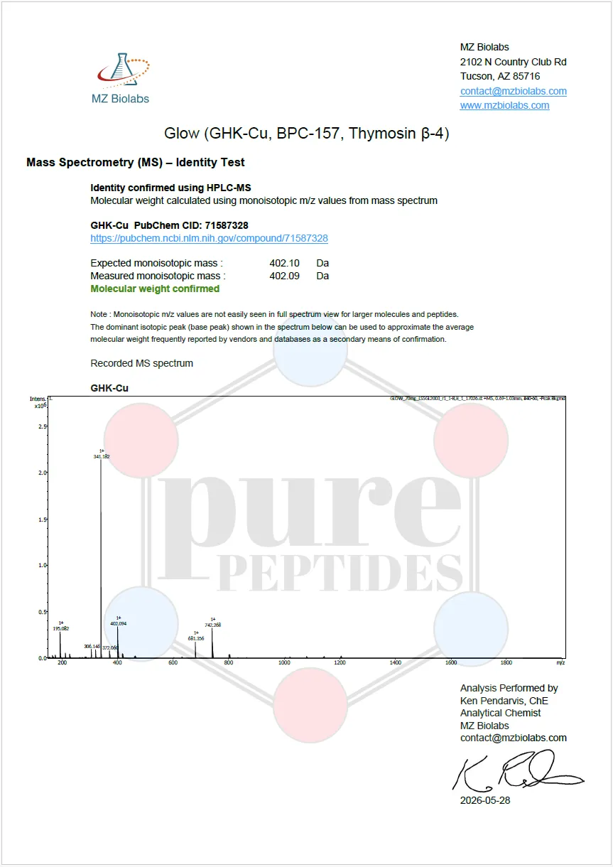 Certificate of Analysis for GLOW 70MG from Pure Peptides Bio