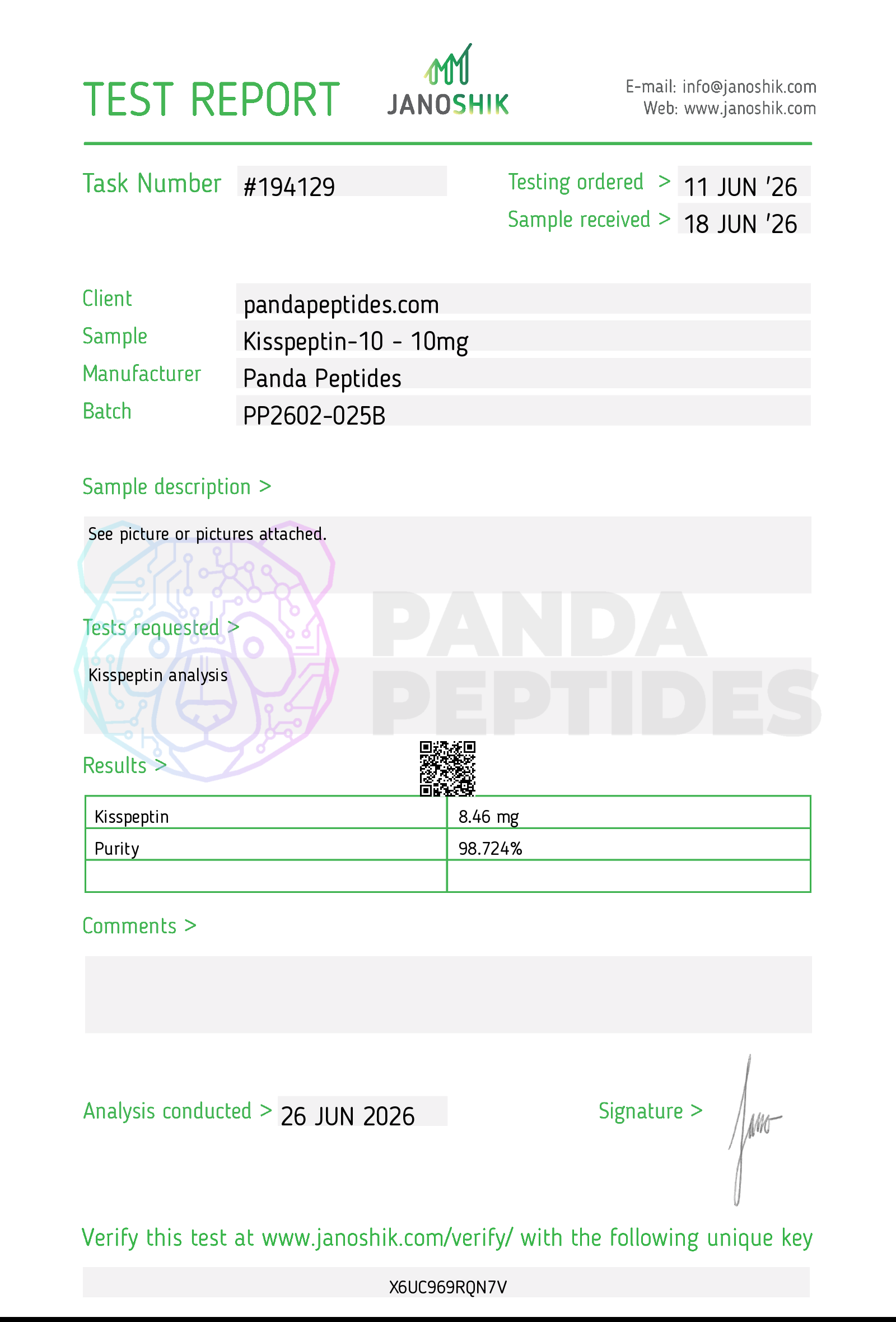 Certificate of Analysis for Kisspeptin-10 from Panda Peptides