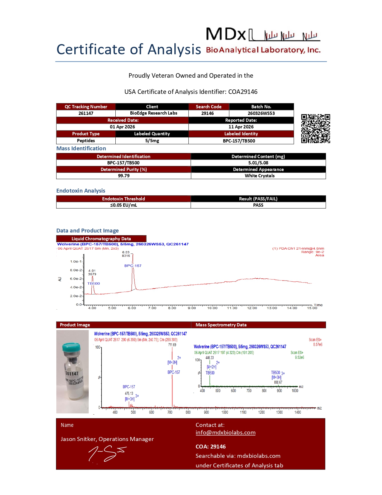 Certificate of Analysis for BPC-157 + TB-500 from BioEdge Research Labs