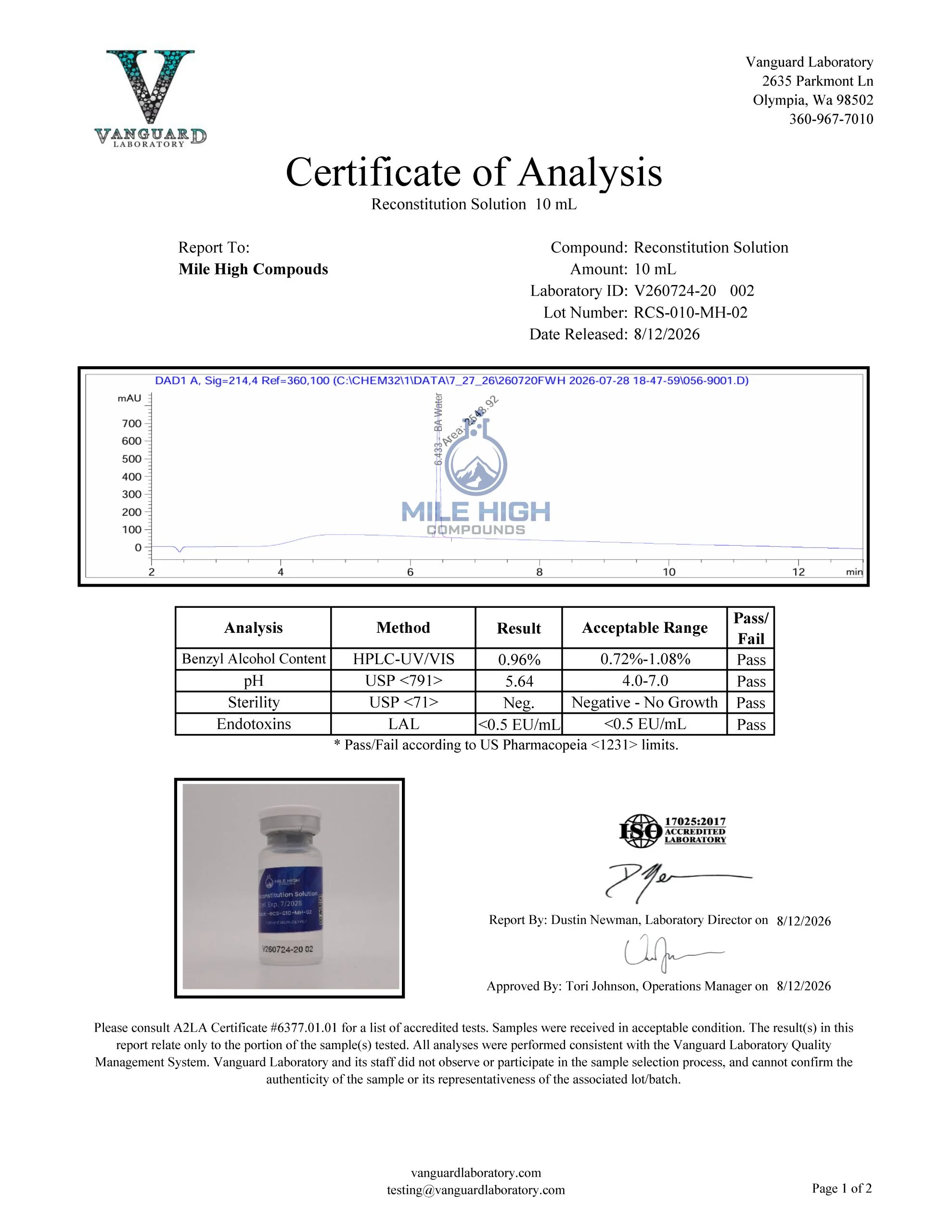 Certificate of Analysis for Recon Solution from Mile High Compounds