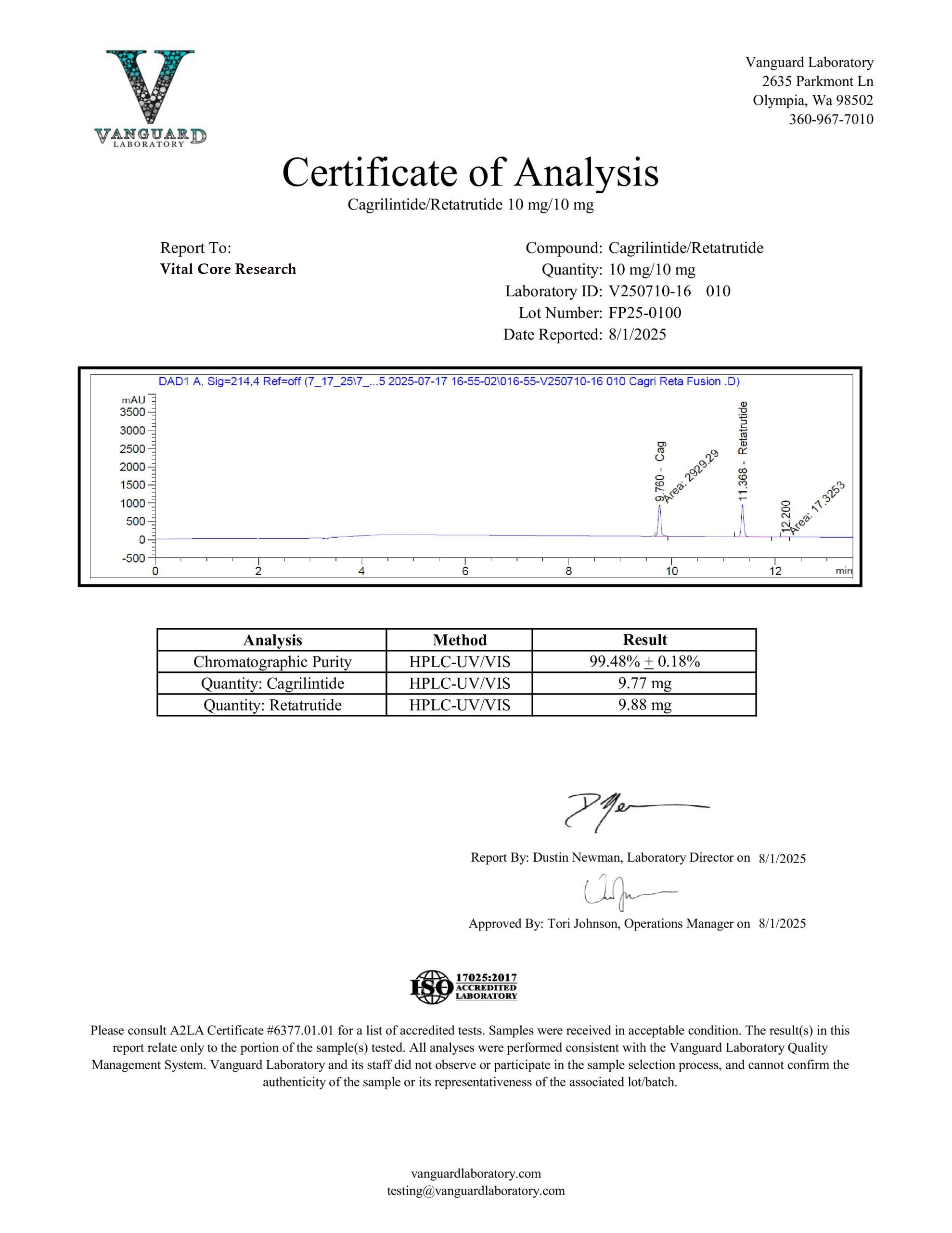 Certificate of Analysis for Cagrilintide/VCR-3 RT Blend from Vital Core Research