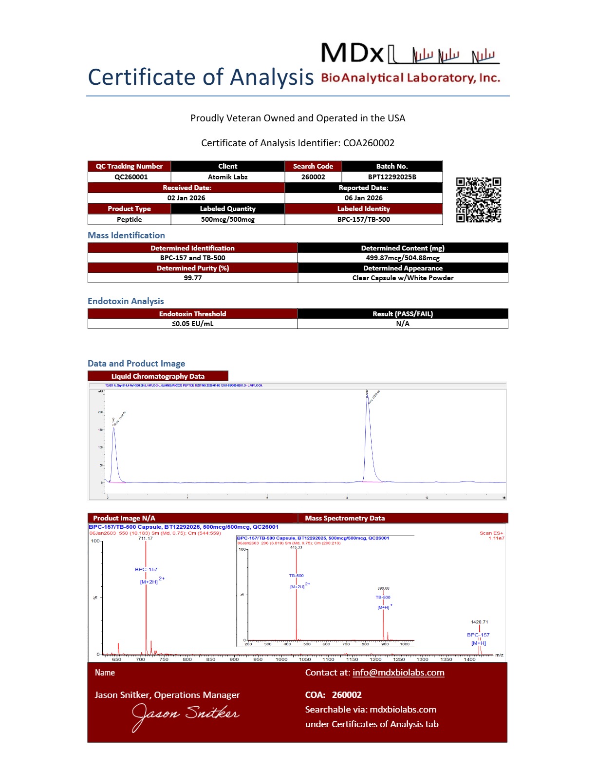 Certificate of Analysis for BPC-157 / TB-500 Blend from Atomik Labz