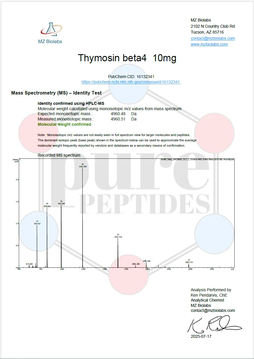 Certificate of Analysis for THYMOSIN BETA 4 from Pure Peptides Bio