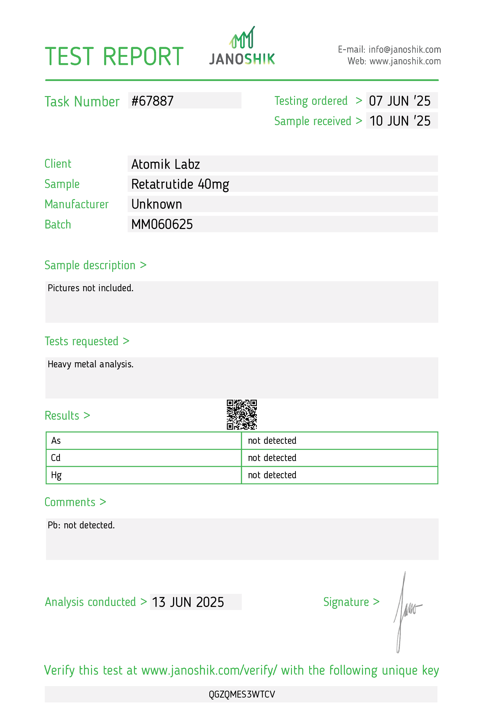 Certificate of Analysis for Retatrutide from Atomik Labz