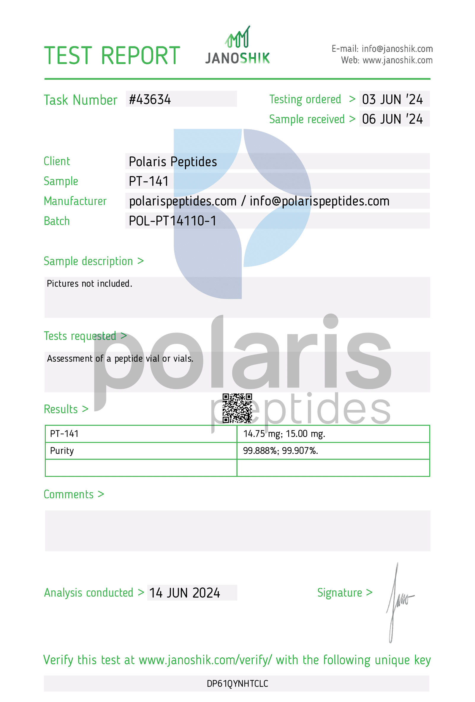 Certificate of Analysis for PT-141 (Bremelanotide) 15mg from Polaris Peptides