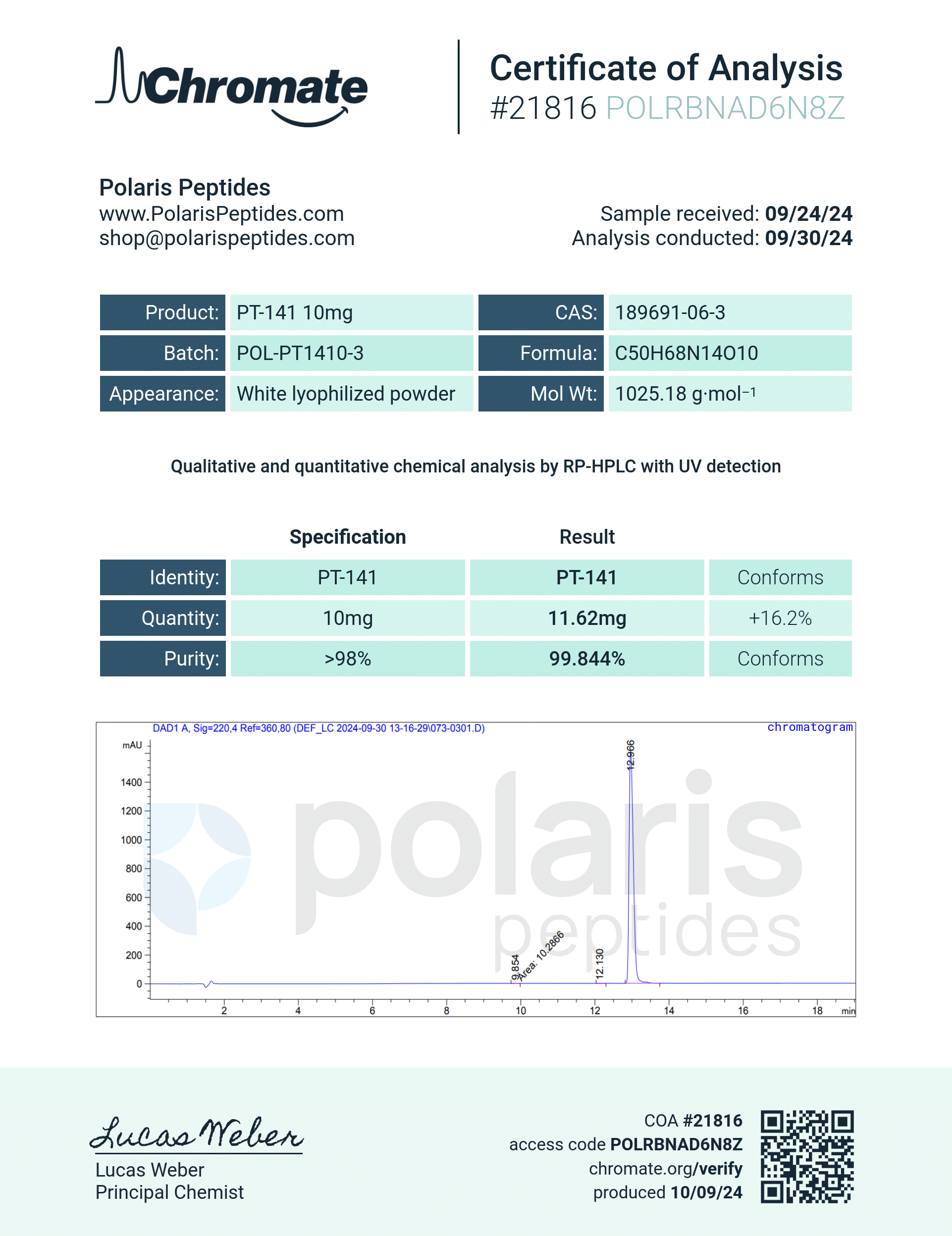 Certificate of Analysis for PT-141 (Bremelanotide) 10mg from Polaris Peptides