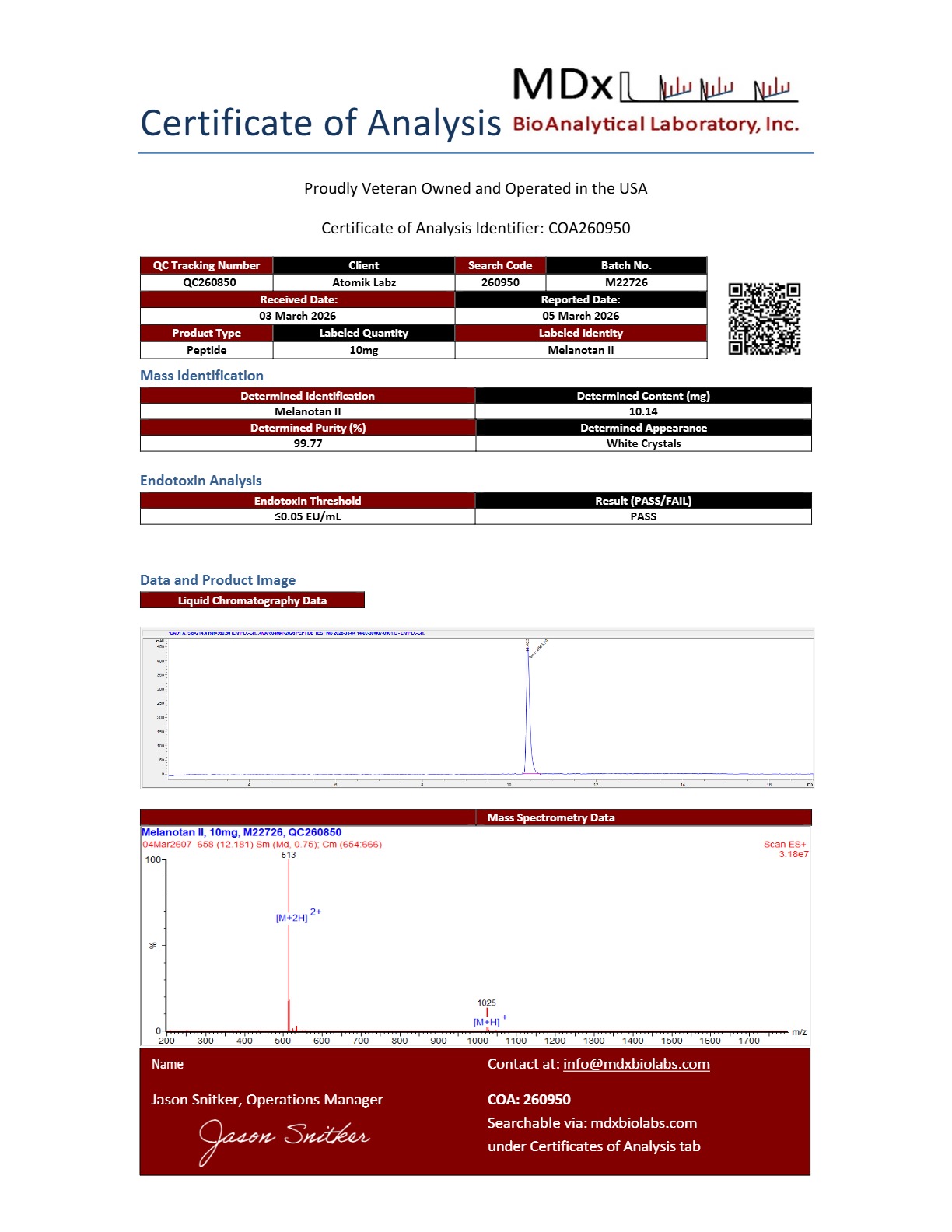 Certificate of Analysis for Melanotan II from Atomik Labz